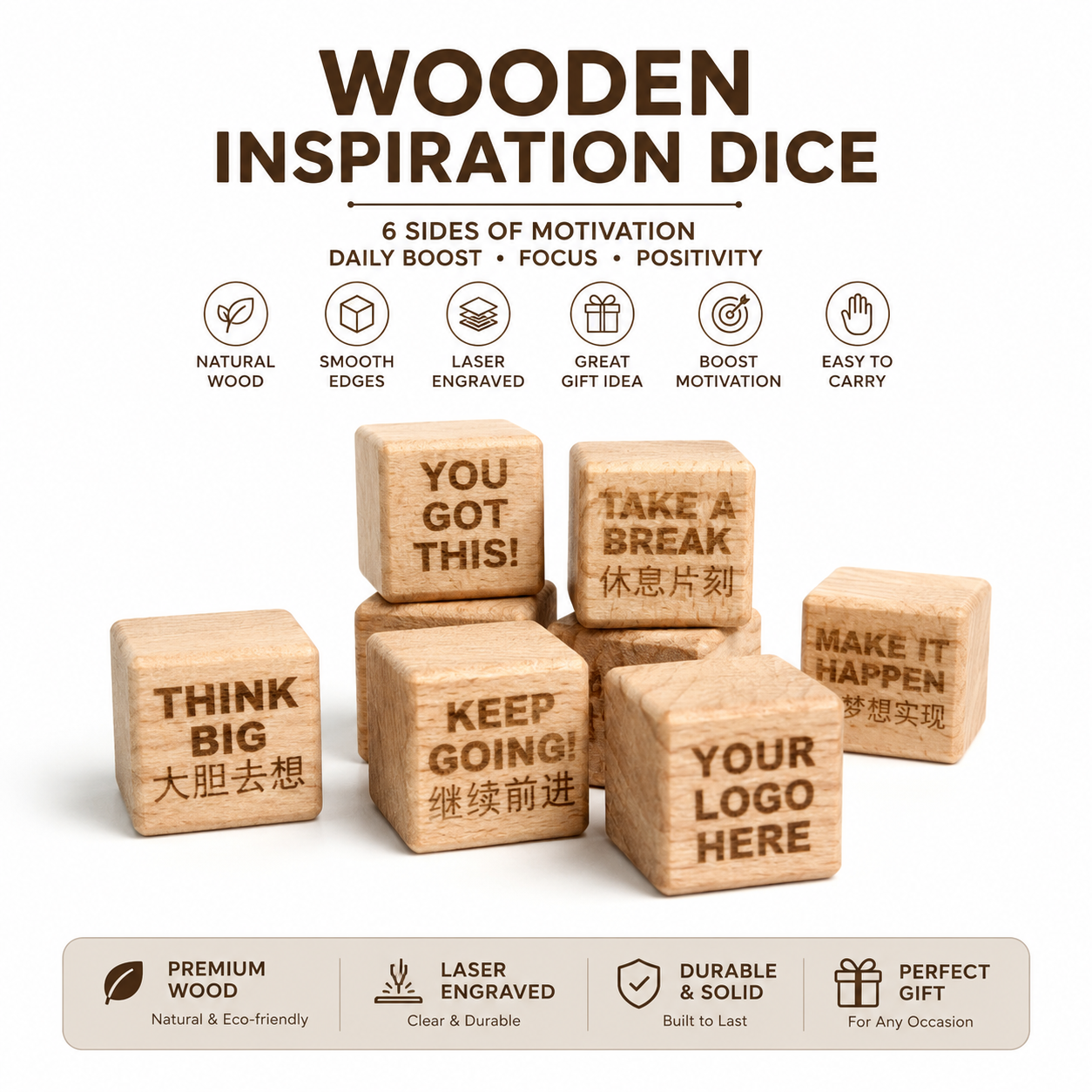 CUSTOM WOODEN DICE – Personalised Logo, Text & Design on All 6 Sides | 2CM