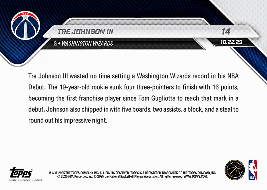 Tre Johnson III RC - 2025-26 NBA Topps NOW® #14 Washington Wizards 新人卡｜PR 997