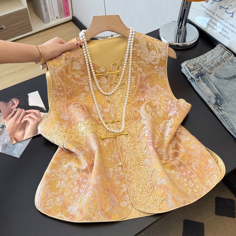 B58(0166) 新中式民族风重工提花横直刺绣蕾丝花粉黄马甲上衣 