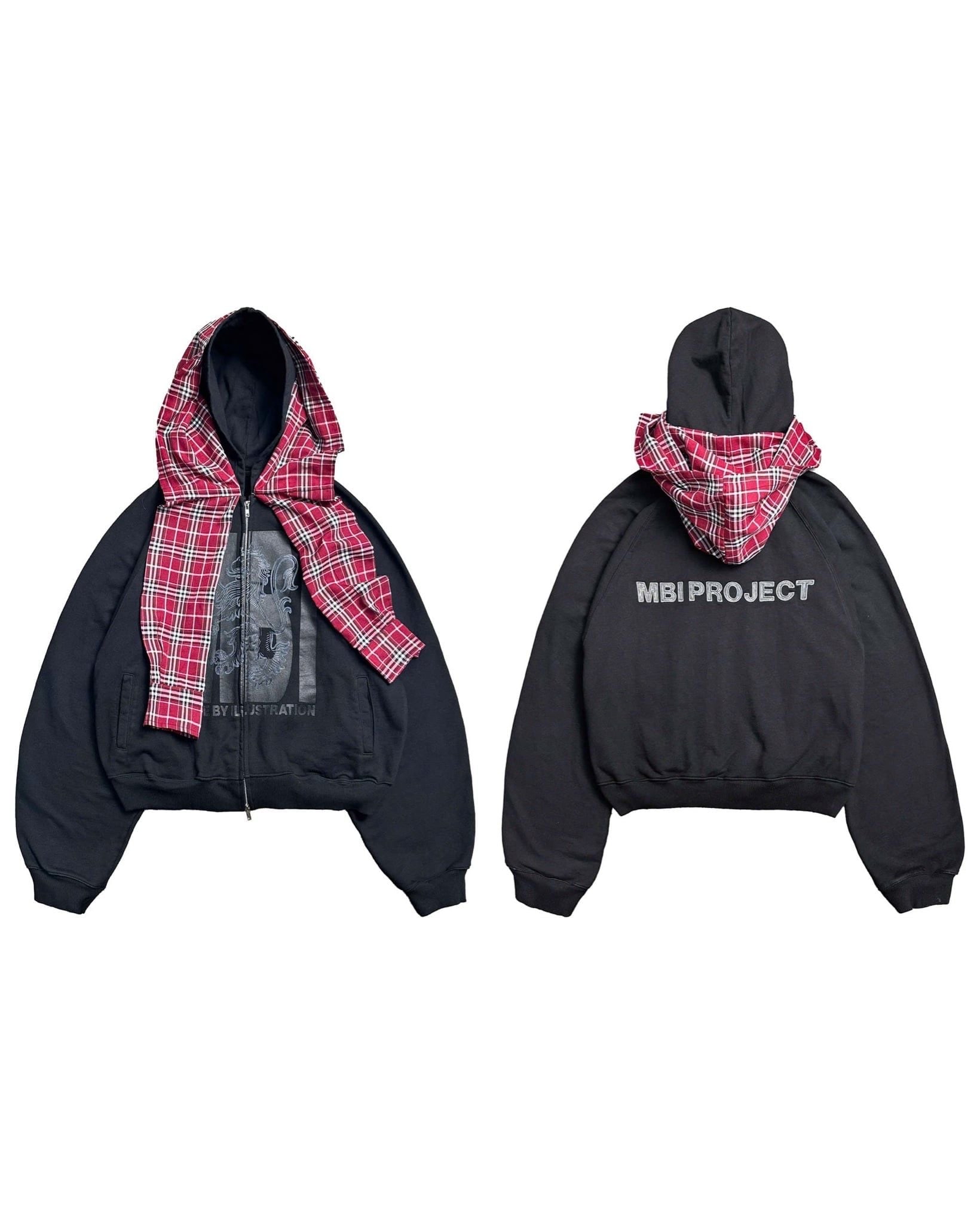 CHECKERED SCARF ZIP HOODIE - Faded Black
