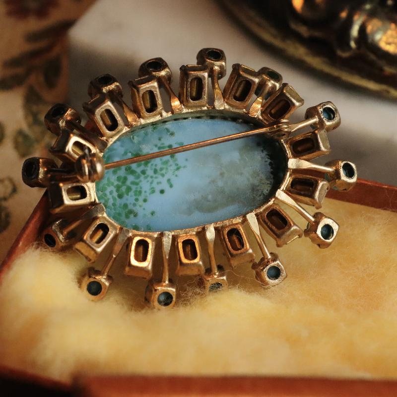 Mid-Century Czechoslovakian Faux Turquoise Oval Sunray Brooch (MZ075)
