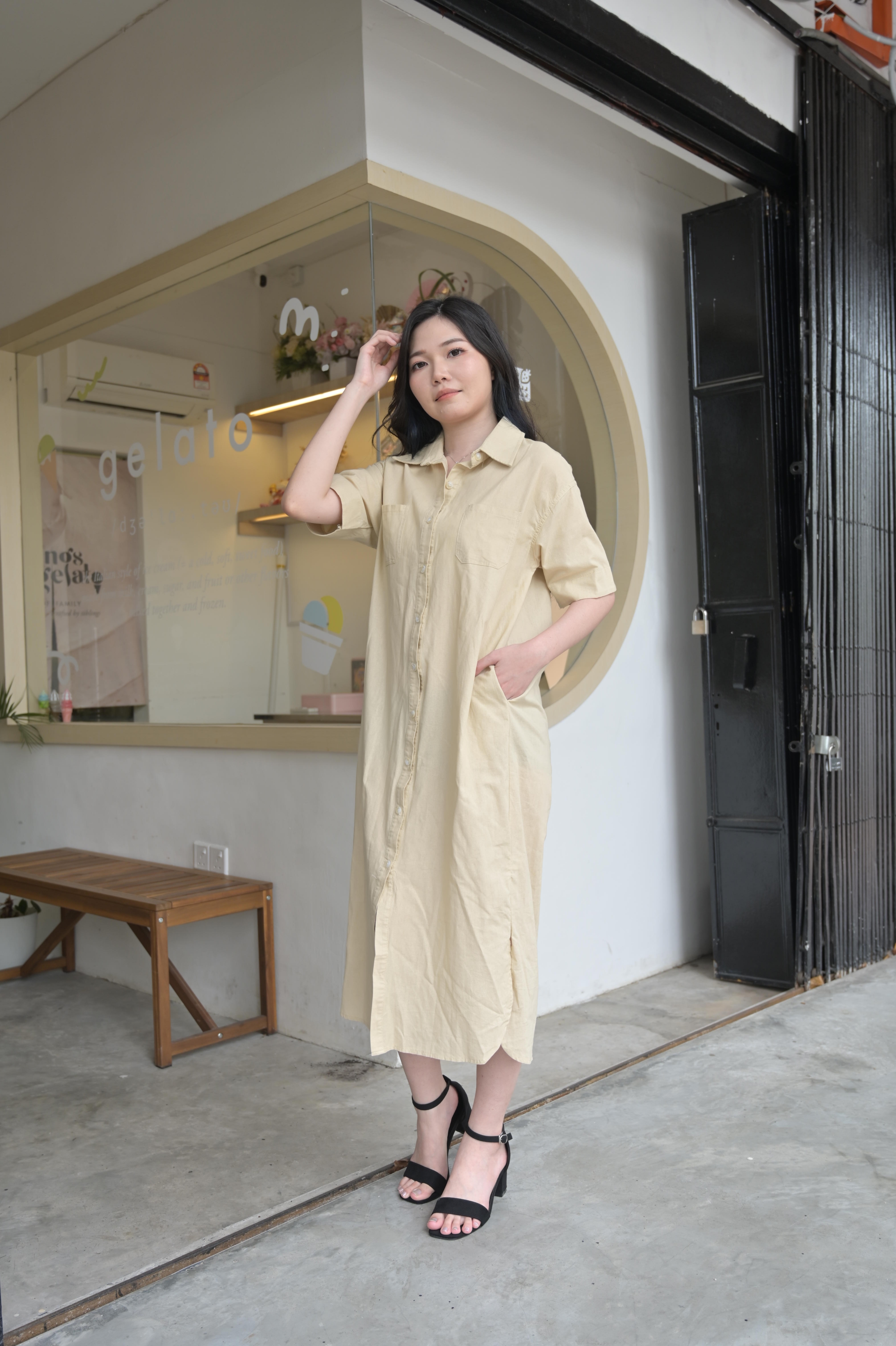Relaxed Fit Cotton-Linen Shirt Dress with Full Button Front‖ 棉麻质感宽松排扣衬衫式连衣裙 KR029445