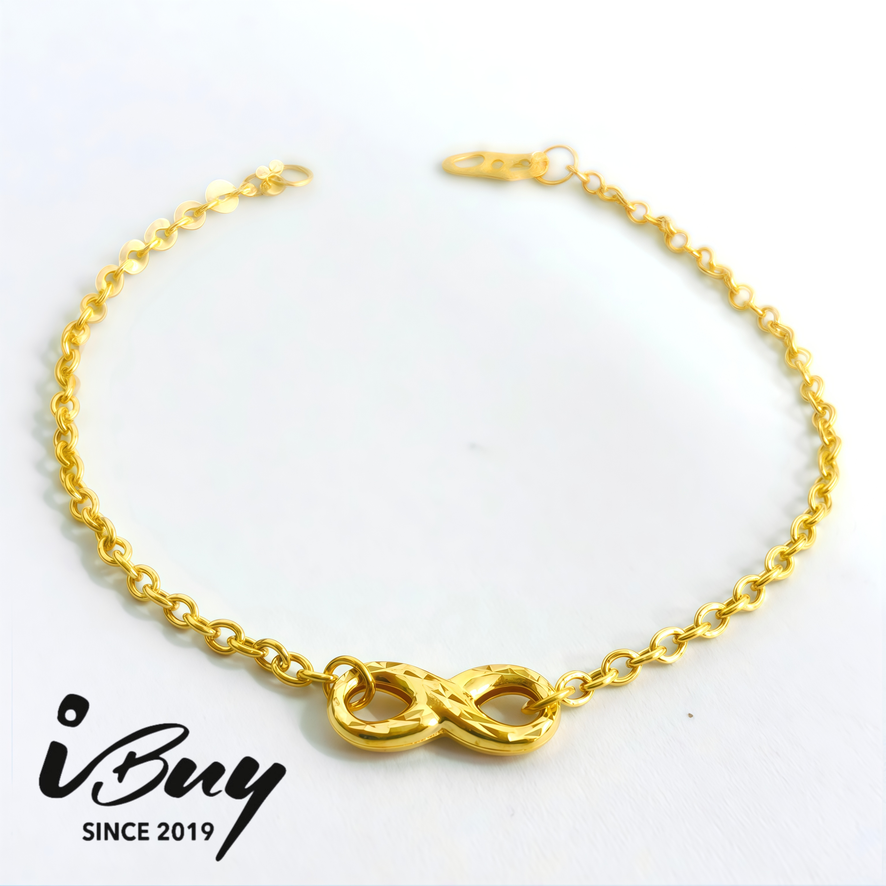 916 GOLD D.CUT INFINITY HOLLOW CABLE BRACELET 916 金 菱格纹无限标致空心万字手链