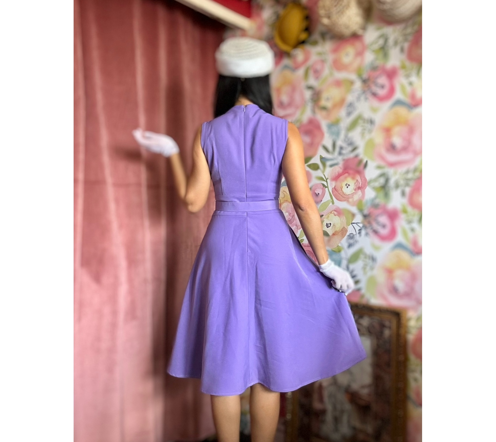 (Ready-Made) 1950s Design Lavender Dream with belt and vintage button (FM211)