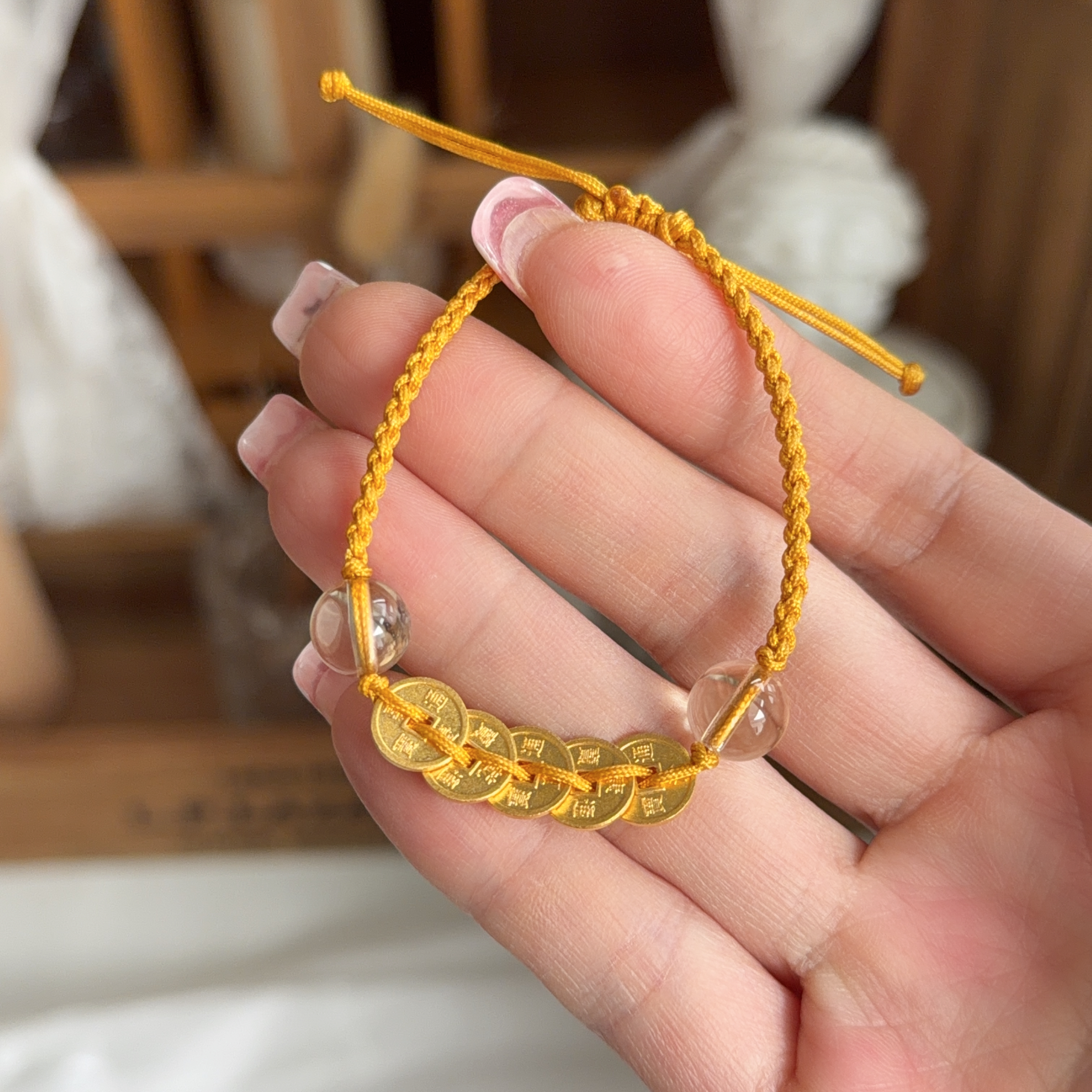 999足金五帝幣+8mm白水晶襯手绳（實心版）