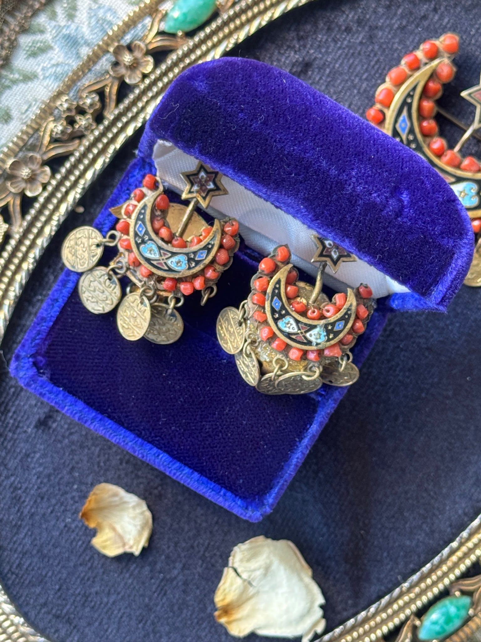C.a. 1830s–1880s Ottoman Coral & Enamel Crescent Moon and Star Brooch and Earrings Demi-Parure (MT2653)