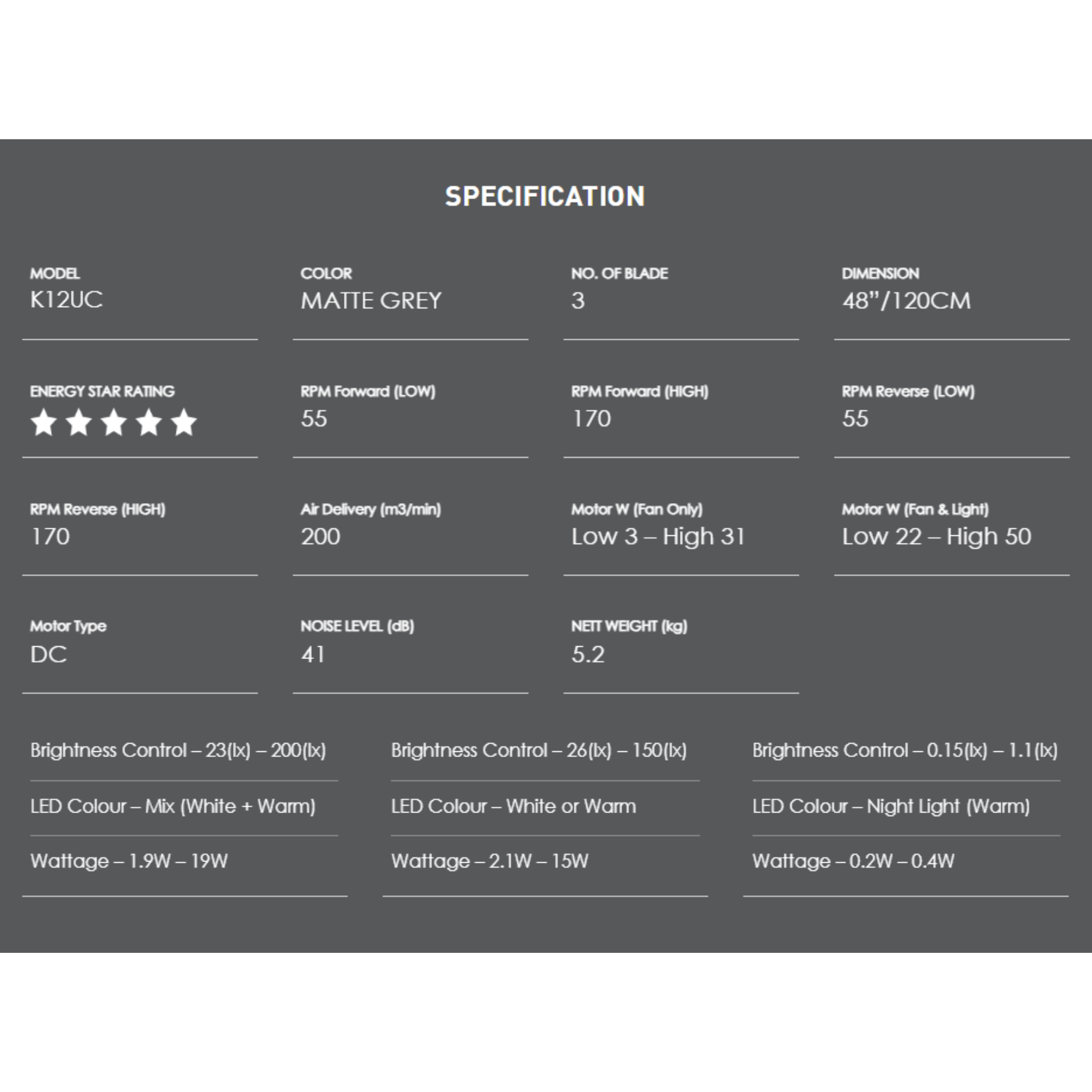 KDK 48" Ceiling Fan WiFi LED DC Motor (K12UC)