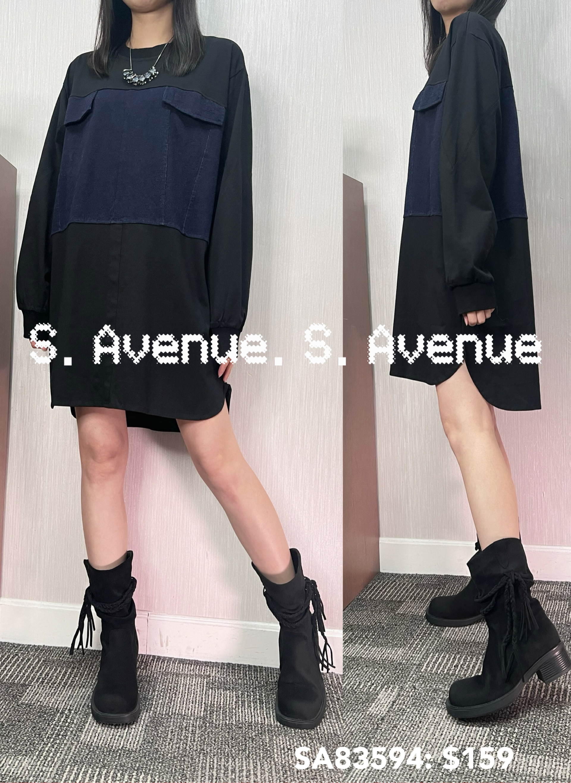 SA83594: 長袖拼牛仔前兩假袋op