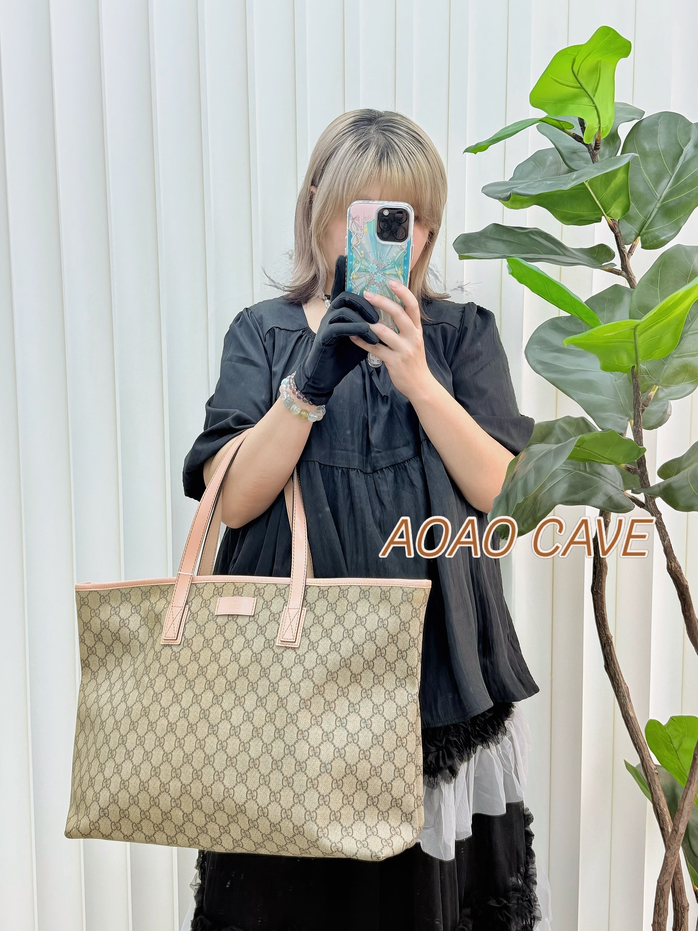 Gucci🤍PRE OWNED 🩷粉紅色皮革帆布拼皮 老花tote 有塵袋🛍️ 