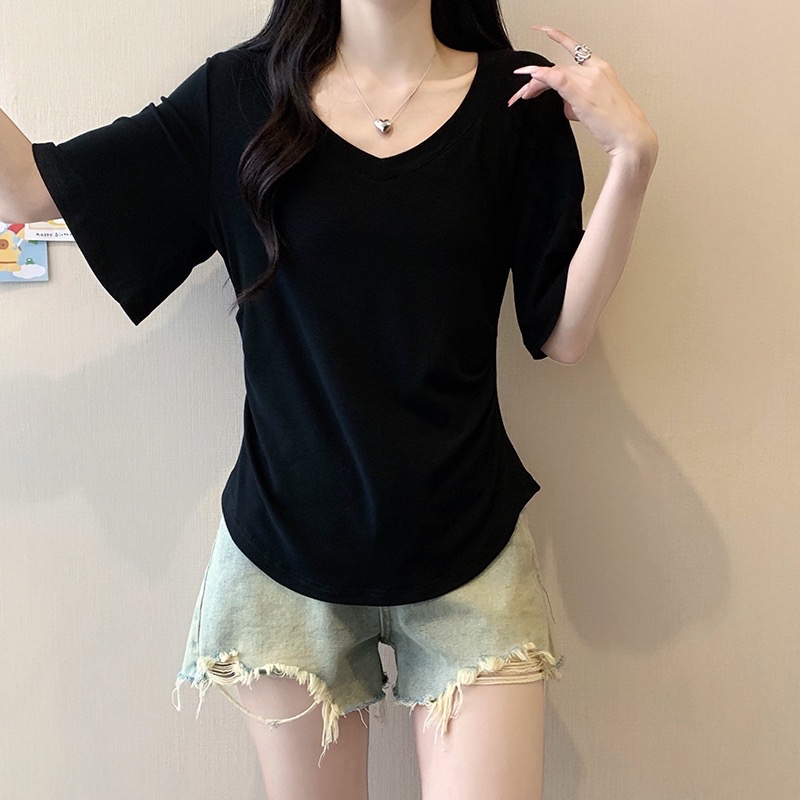 B35(3975) 韩版纯色V领荷叶袖褶皱腰4色上衣