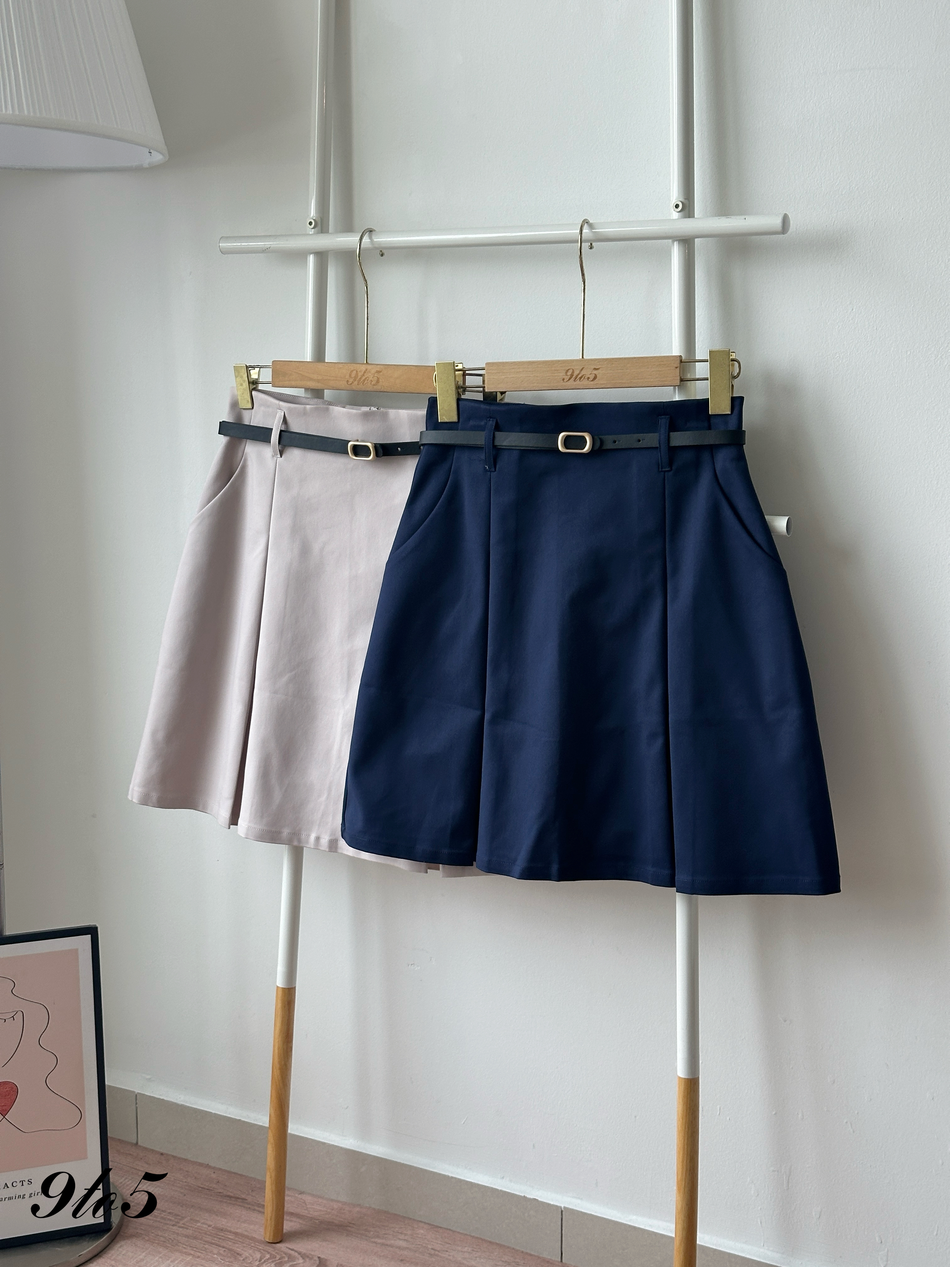 S1991 Hikari Midi Pleated Skirt - Beige Grey & Blue