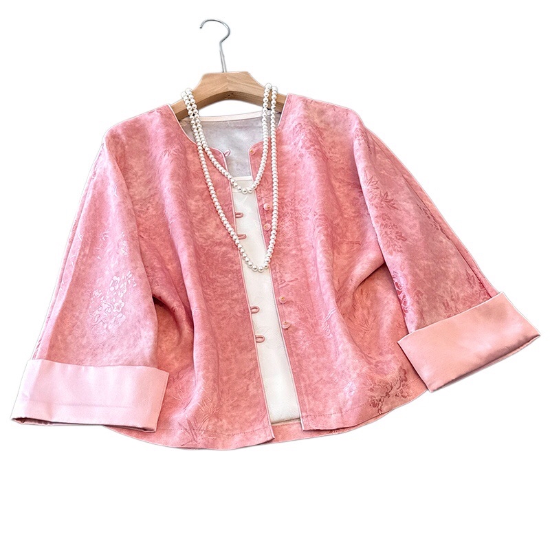 B265(0190外套) 新中式薄款古典碎花提花粉外套上衣 