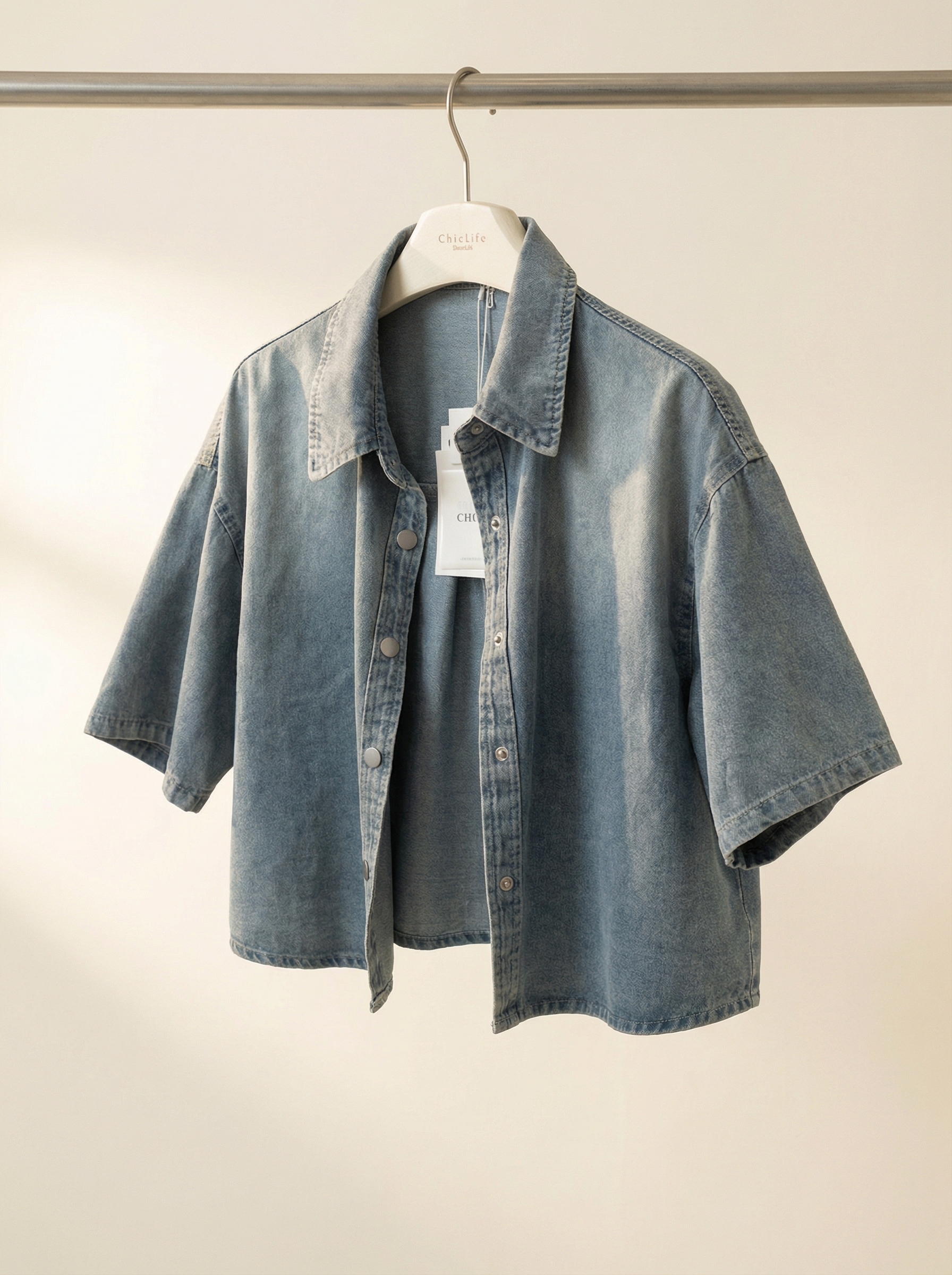短版寬鬆短袖牛仔襯衫