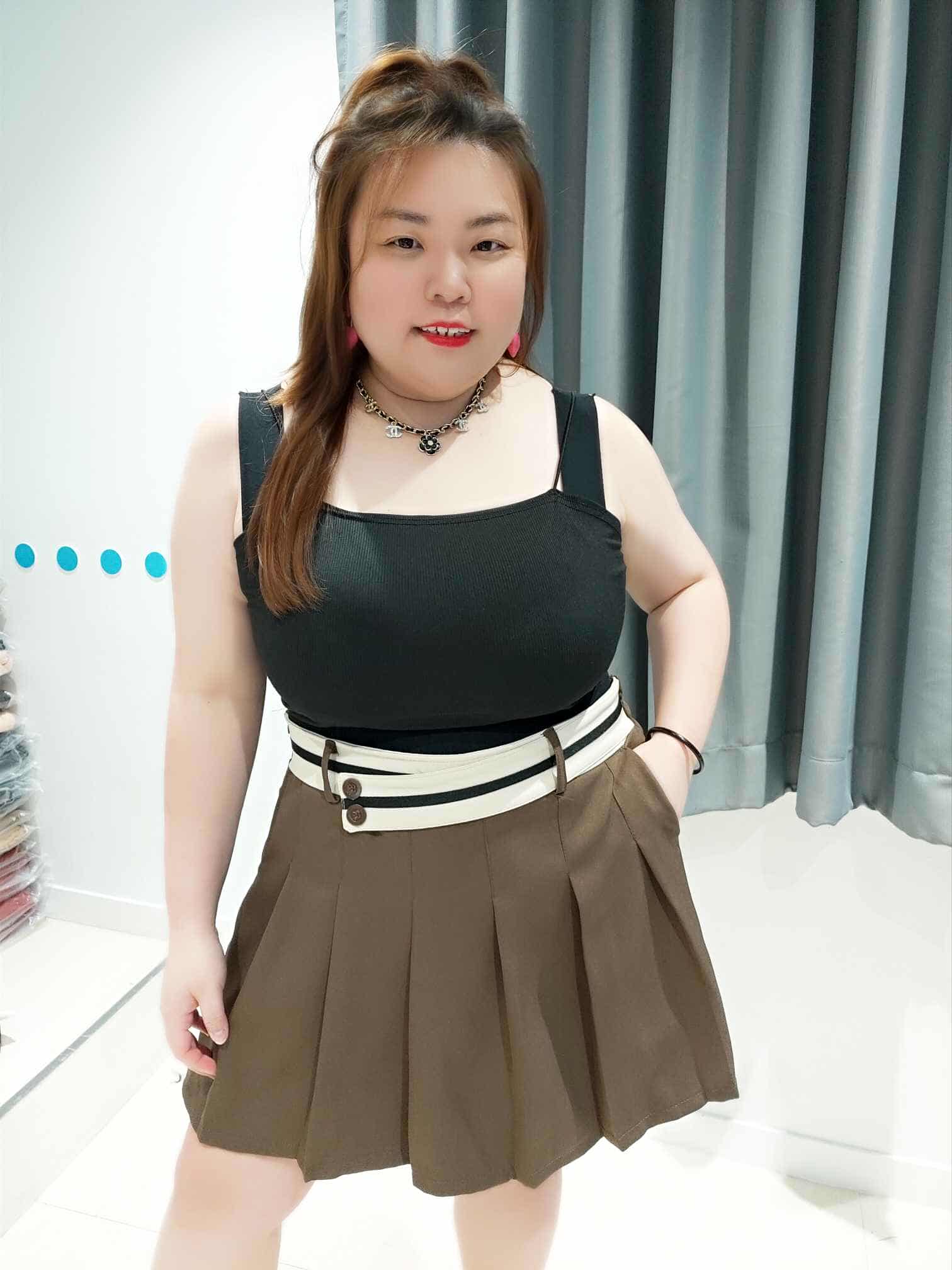 DOC06 拼色腰间百褶裤裙