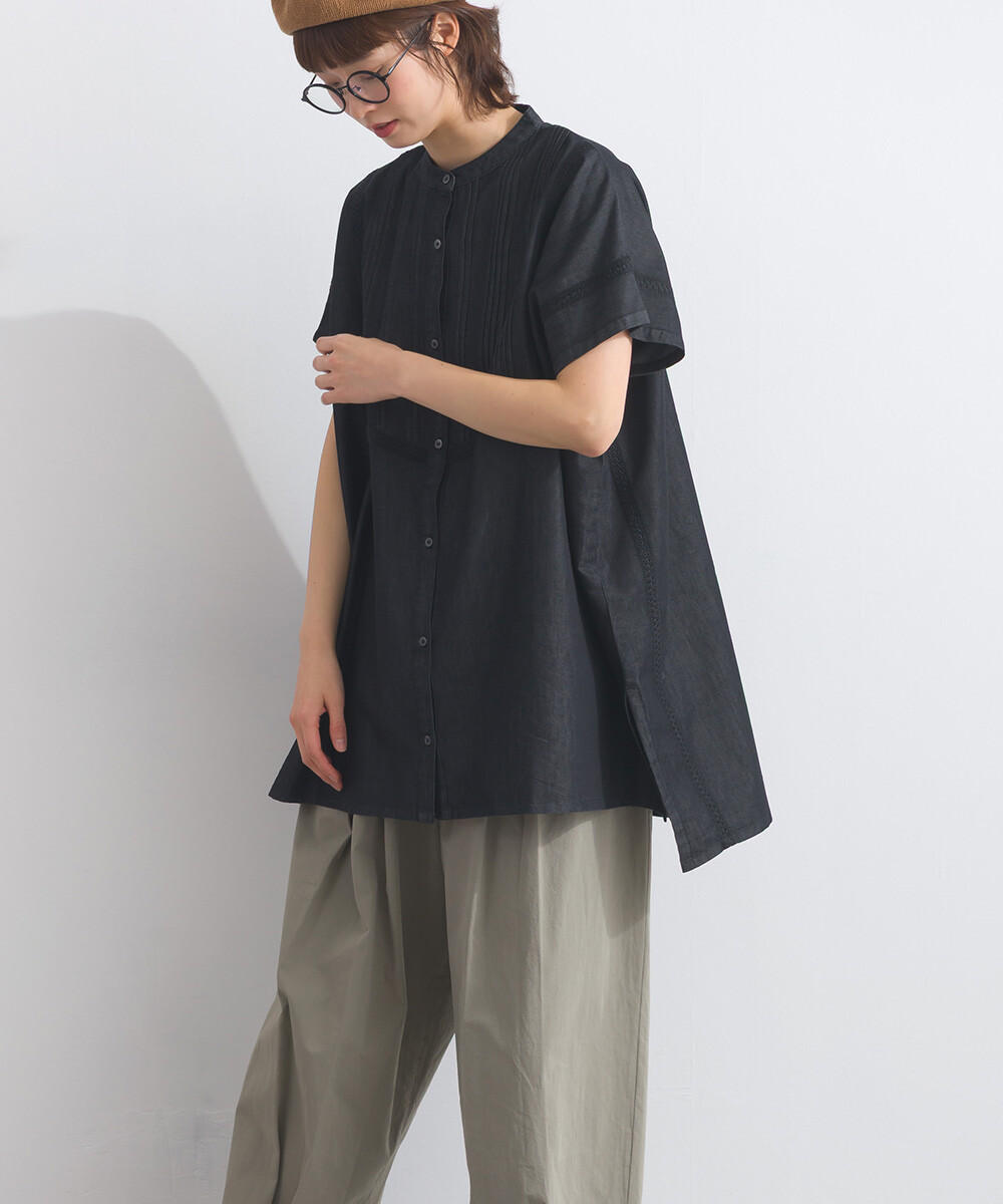 LP - 前片褶皺牛仔布襯衫 (黑色)