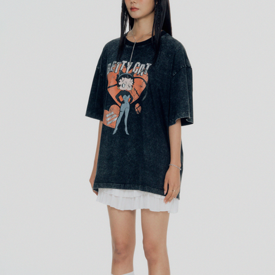 [CNVS x Betty Boop] BETTY BOOP Betty Cat Oversized T-shirt Charcoal