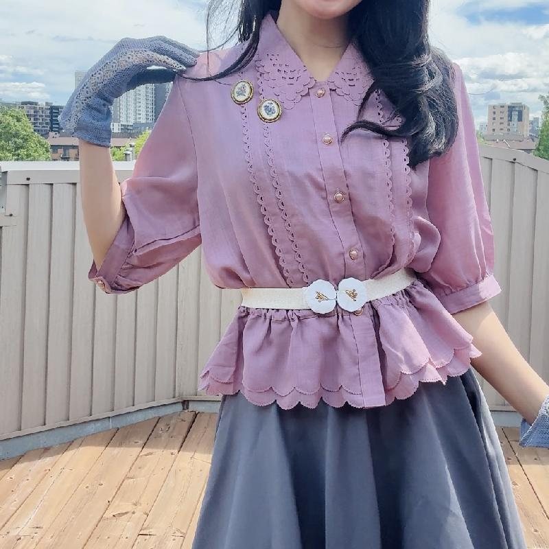 Vintage Japanese Plum Colour Cut-out Pattern Peplum Summer Blouse with Scallop Edge (MT2349)