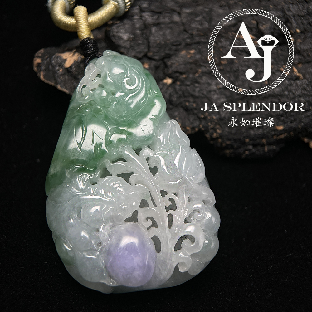 JN-3366 天然翡翠A玉 大師級鏤空精雕俏色春彩雙魚福壽映荷吊墜