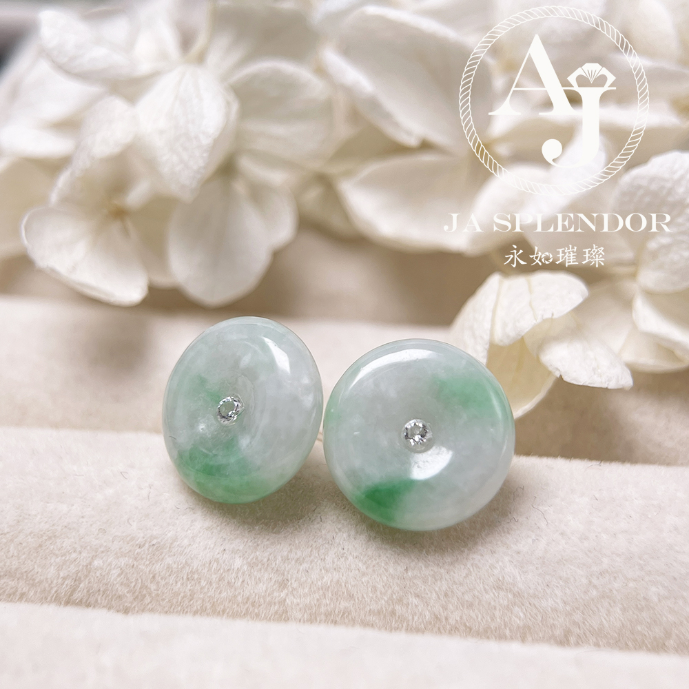 JE-3446/52 天然翡翠A玉 白底青平安扣面純銀耳釘