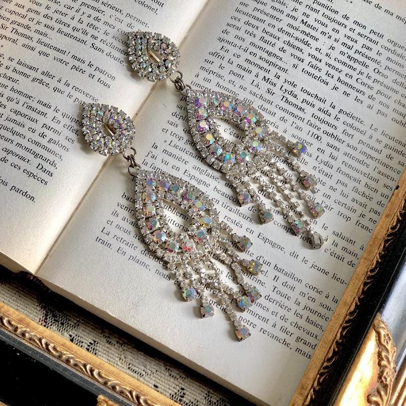 C.a. 1980s Sparkling Aurora borealis Chandelier Statement Cocktail Clip Earrings (MT1765)