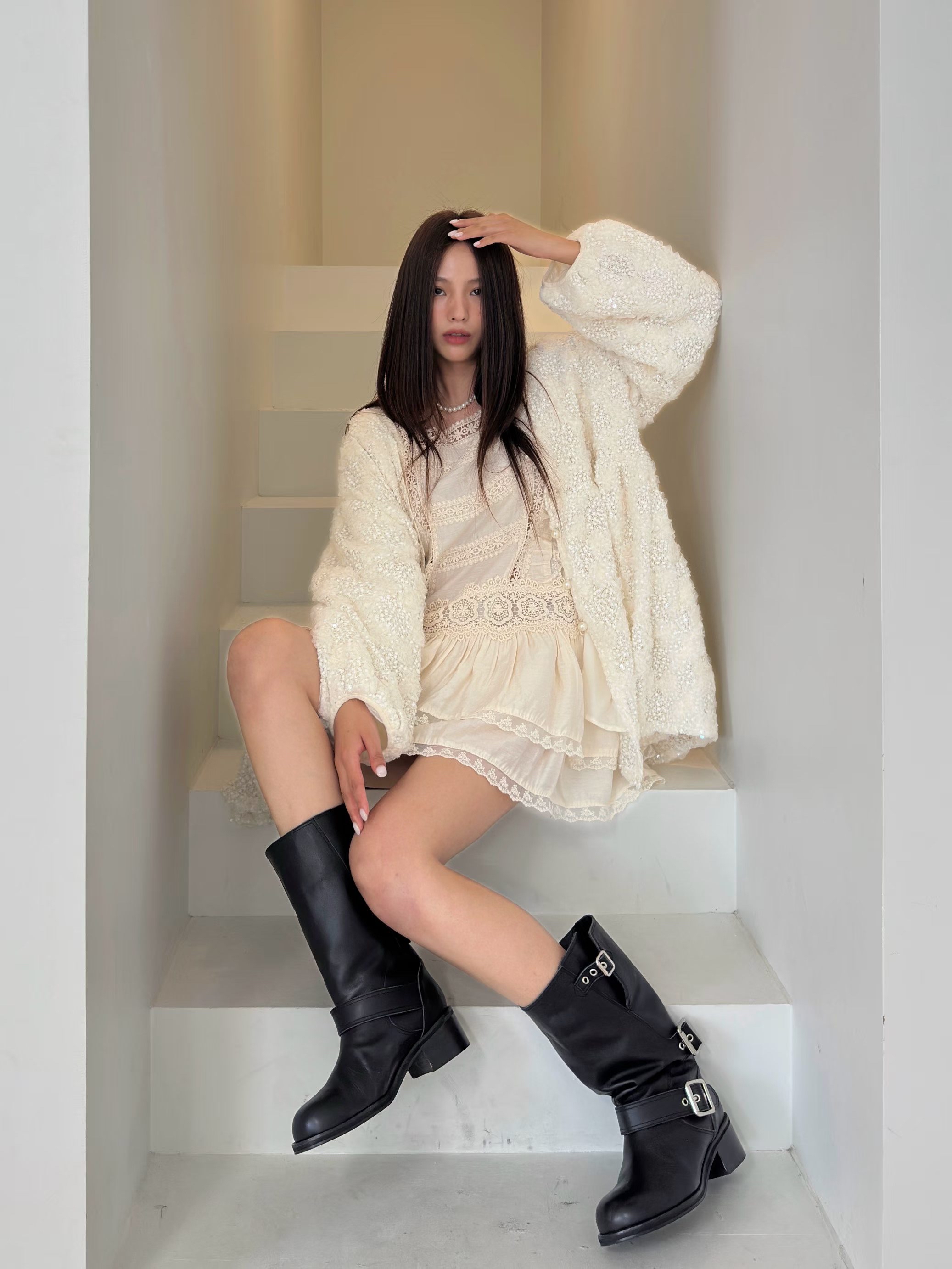 Elegant textured cardigan (ivory)