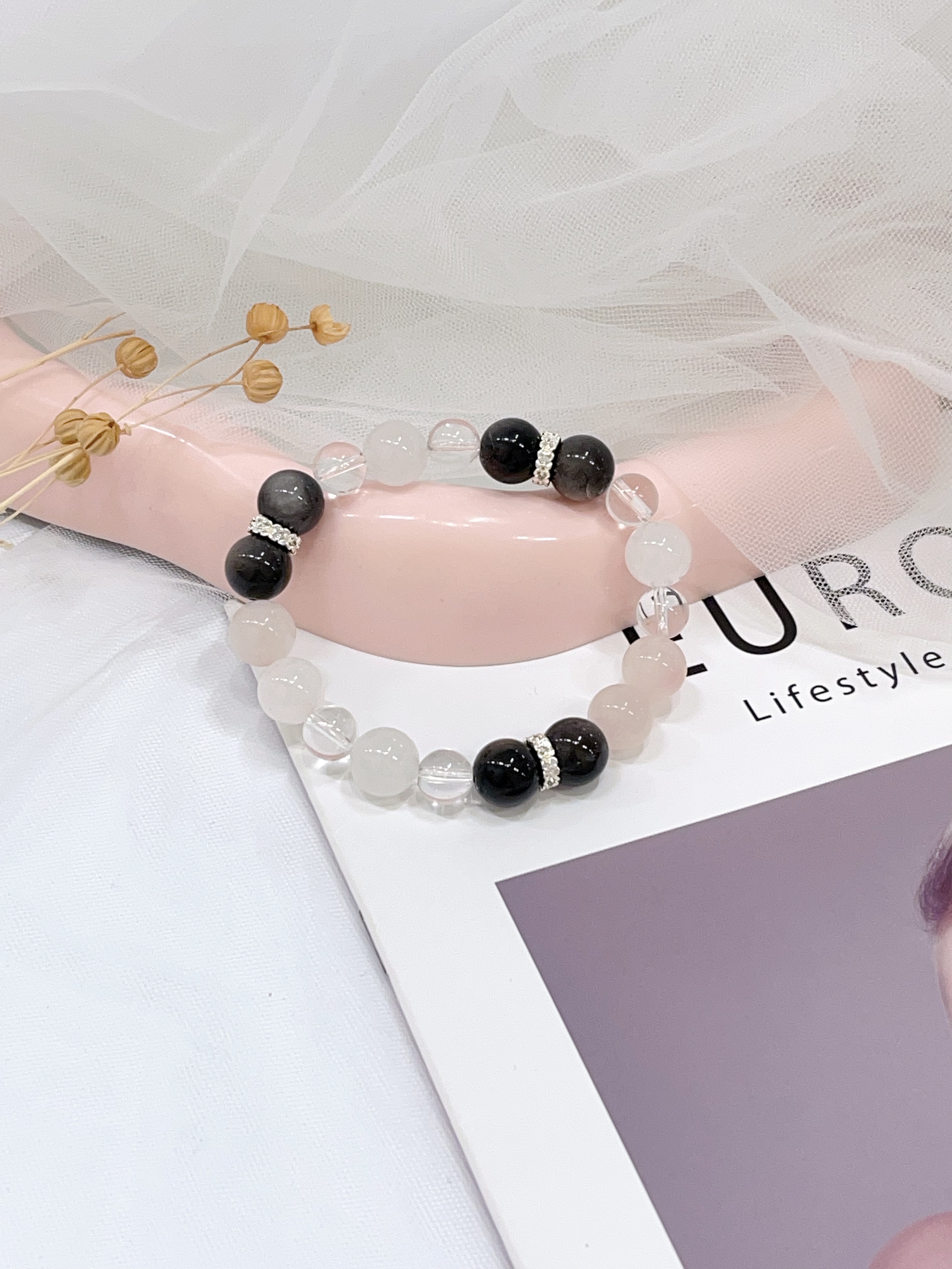 ✨ 银曜石 × 白水晶 × 粉水晶 × 白幽灵手串 Silver Obsidian & Clear Quartz & Rose Quartz & White Phantom Quartz | 8mm-10mm 