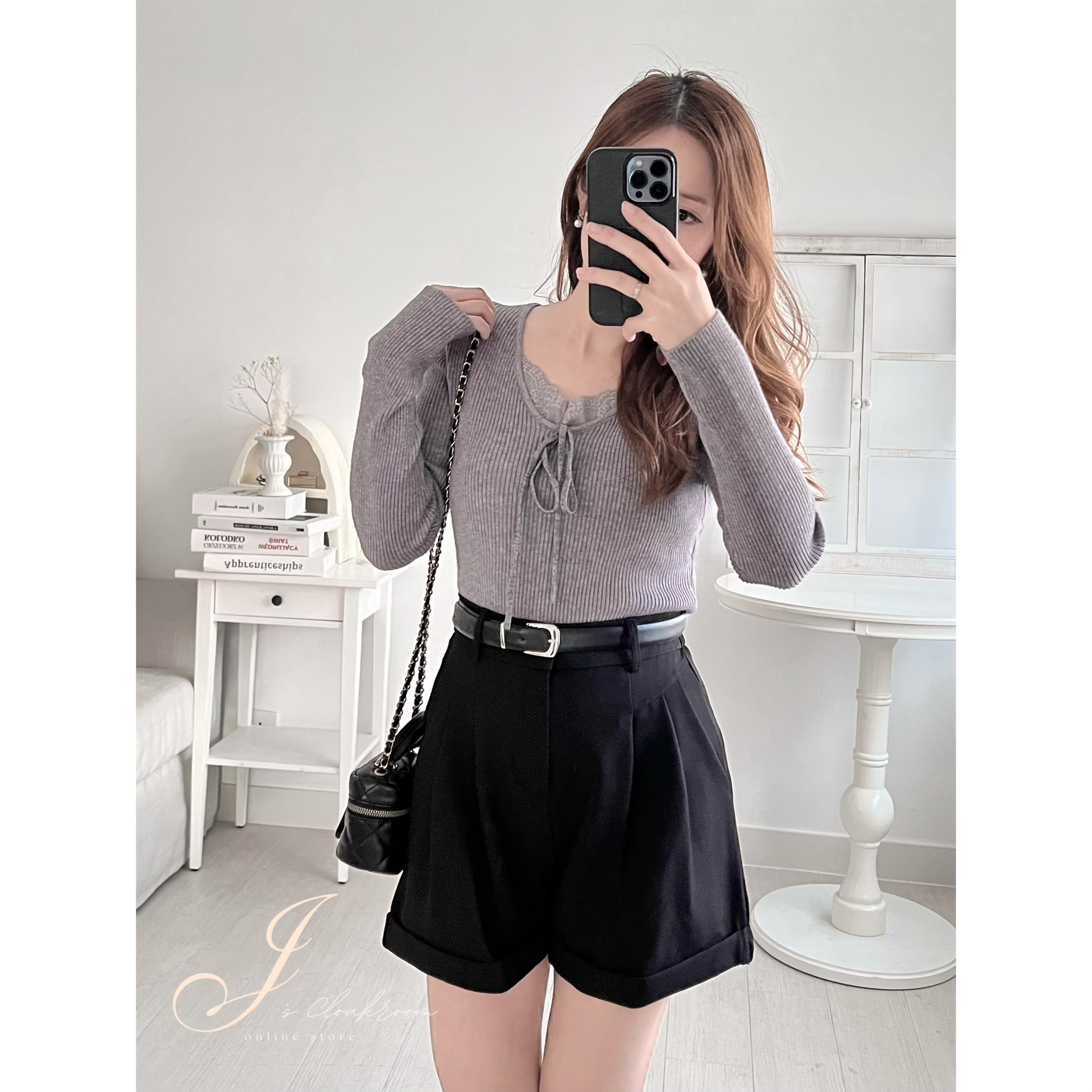 彈性腰圍捲邊短褲(KR)黑色(S-M)314424