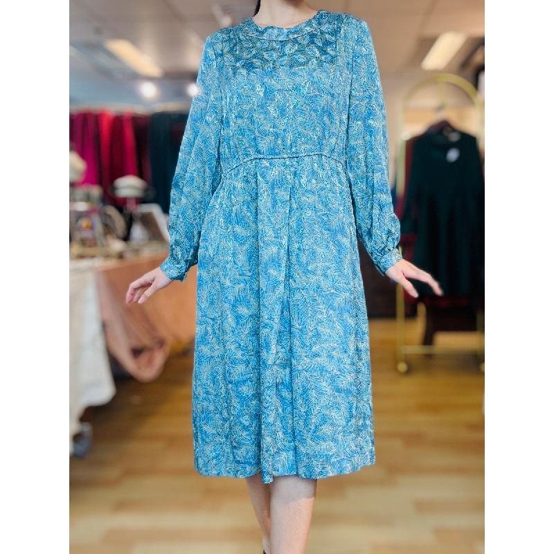 Vintage Japanese Tropical Leaf Pattern Long Sleeve Day Dress- Size L(MT1608-145)