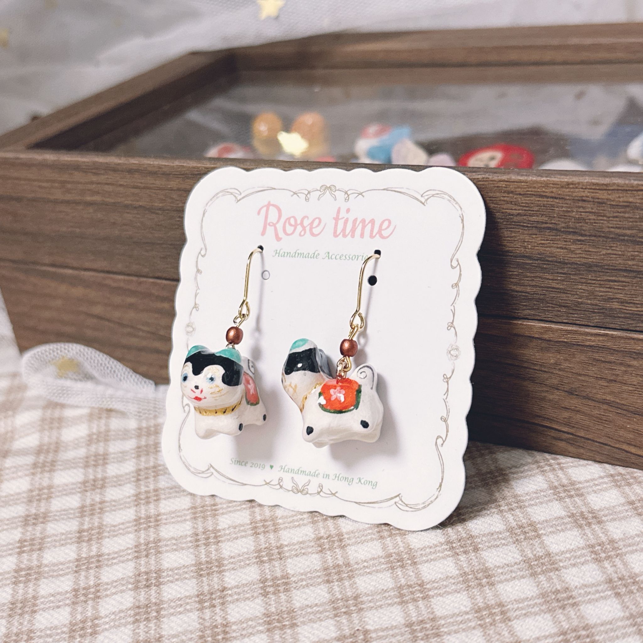 手繪 立體犬張子 緣起物 耳環