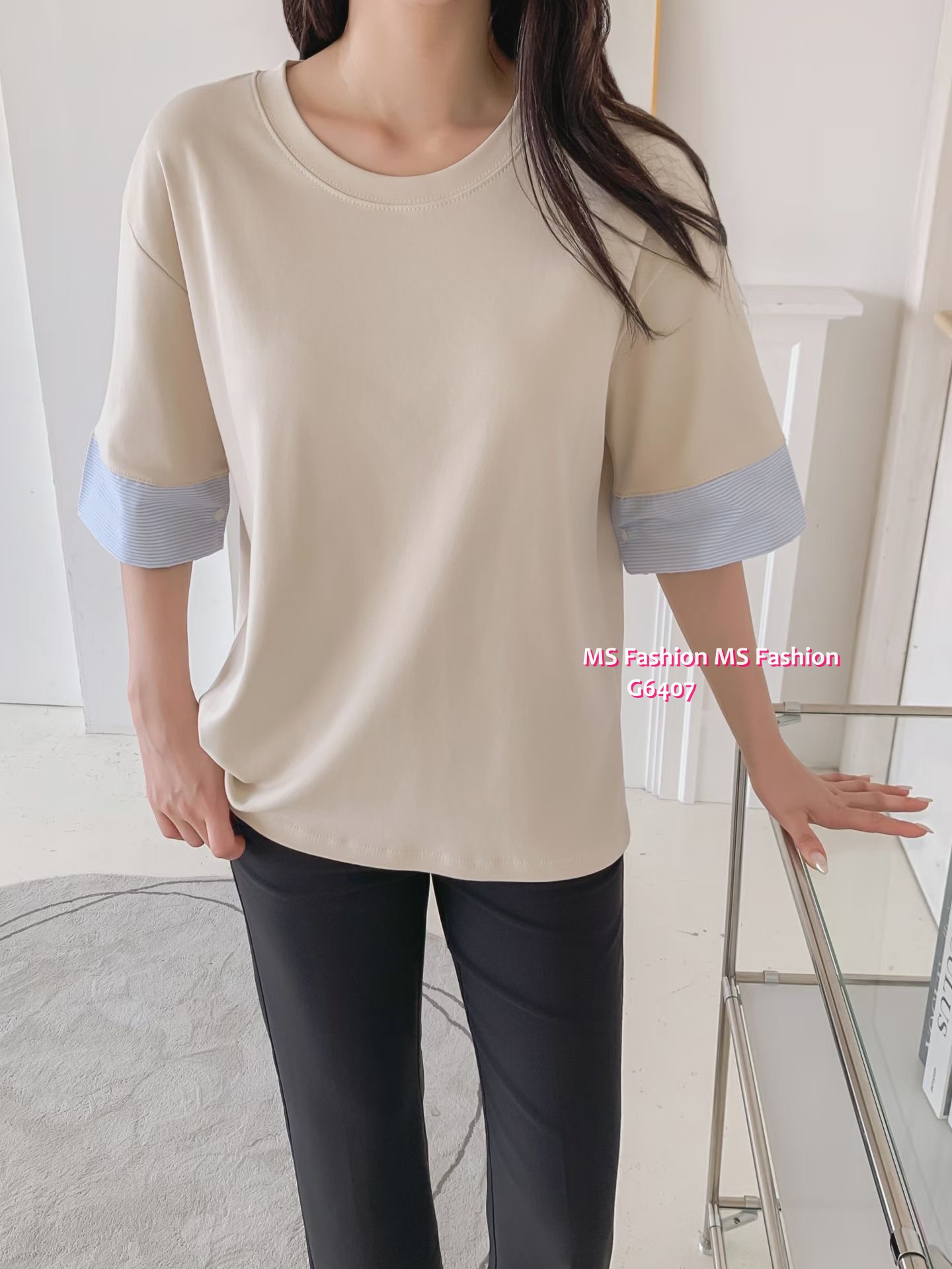G6407 拼條子袖口top