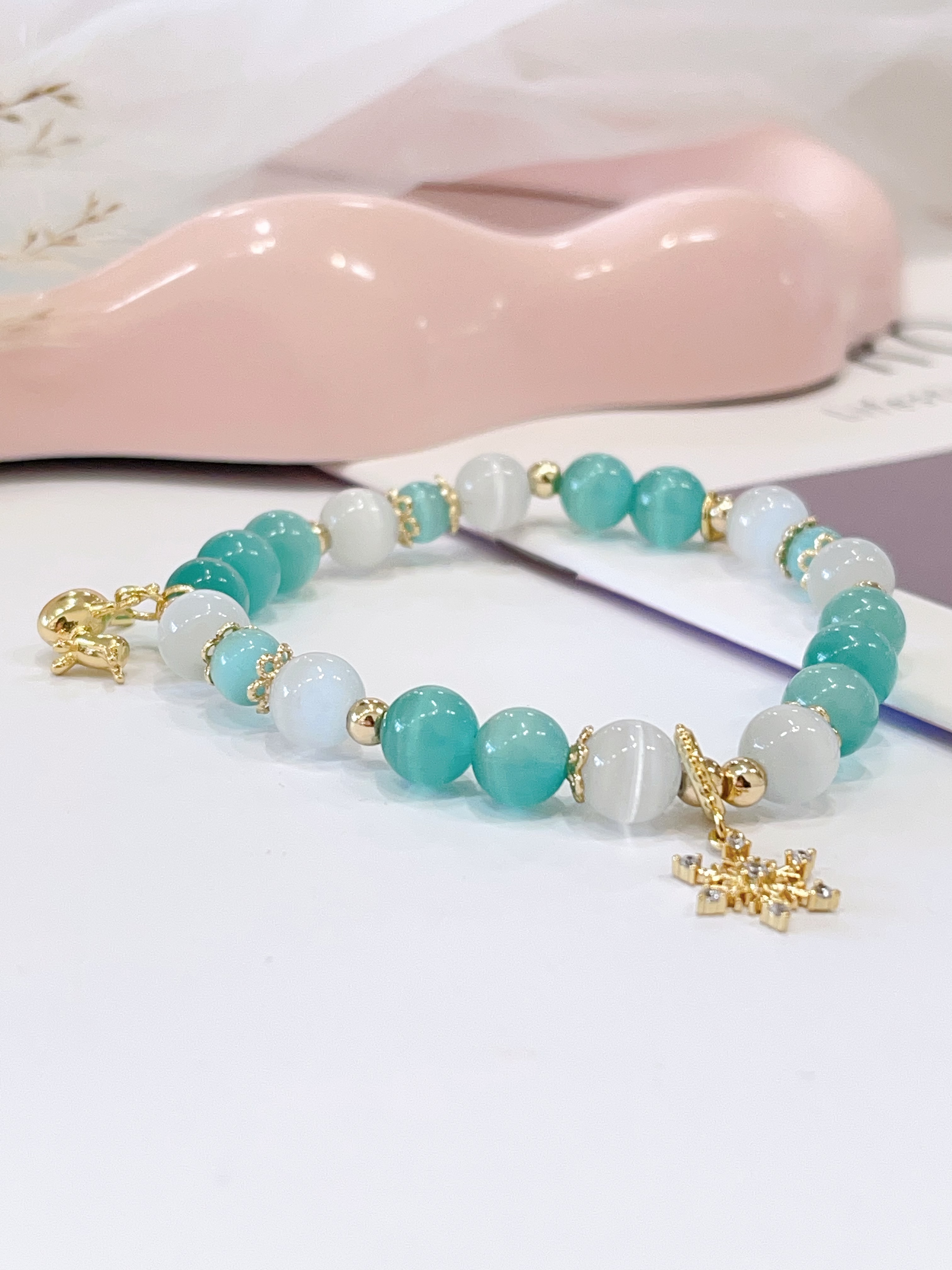 ❄️💙 猫眼石 × 蓝绿猫眼 × 配饰手串 Cat’s Eye Stone, Blue-Green Cat’s Eye & Charm | 8mm