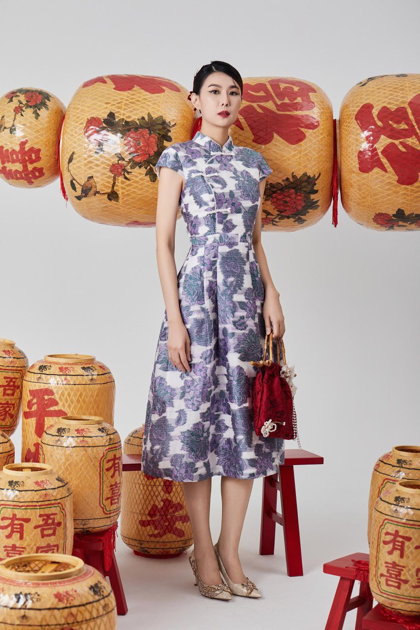 旗袍立领与斜襟盘扣连身裙 2118