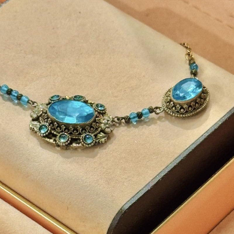 Antique Czechoslovakian 1920s Or Earlier Hand Bezel Set Blue Glass Filigree Necklace (C003)