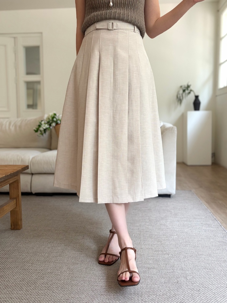 Linen Blend Pleated Skirt (Oat)