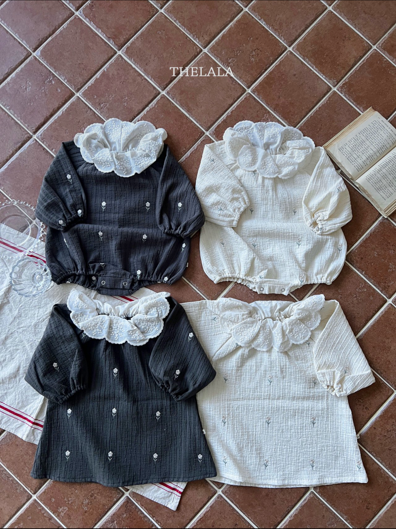 🌸預訂 韓國直送🌸🇰🇷THELALA兩色花卉刺繡蕾絲花瓣翻領長袖連身裙