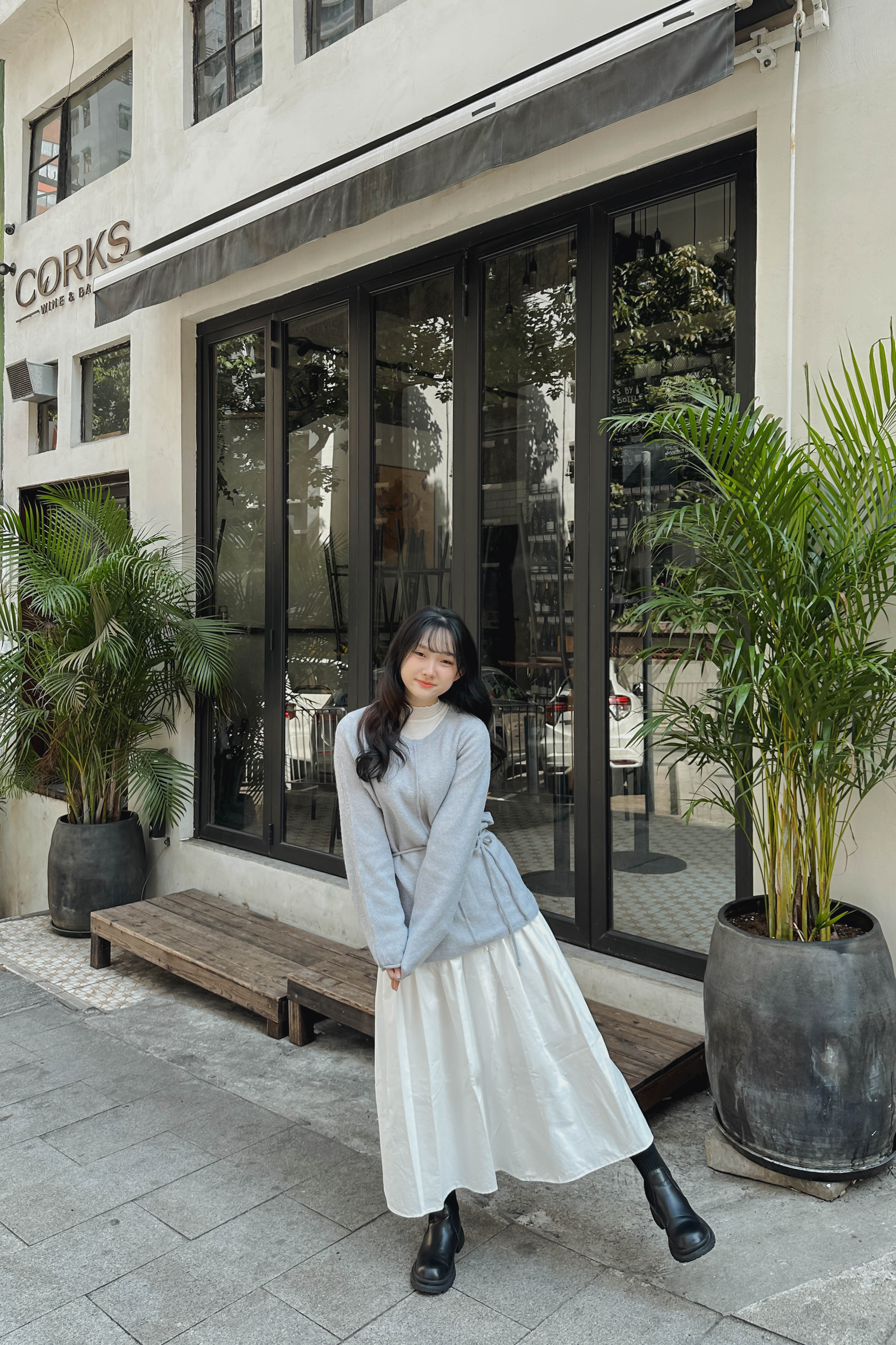 氣質中線薄針織長TOP(附綁帶) 兩色入