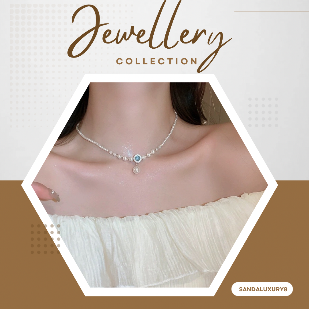 Elegant Pearl Necklace with Blue Stone Pendant for Women  - Jewelry Collection  - SANDALUXURY8 