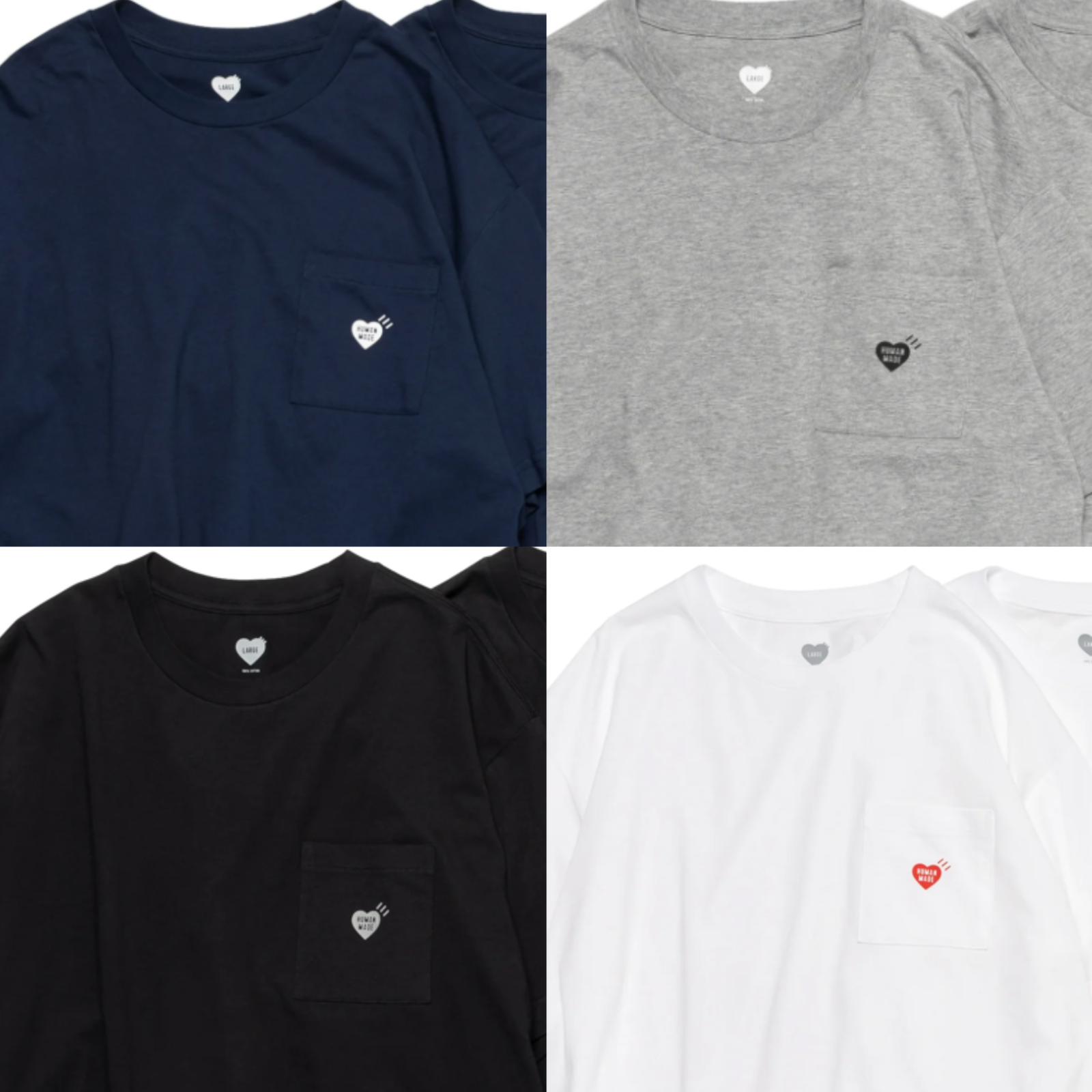 Human made pocket Tee套裝 齊色齊碼返貨👍🏻👍🏻 Navy / Black / white /grey set 一套3件 Size :m-xL 每一件T恤的左胸口袋上都有一顆“心”，不論是單穿還是疊穿都能帶來無限搭配可能性 每一件T恤的左胸口袋上都有一顆“心”，不論是單穿還是疊穿都能帶來無限搭配可能性