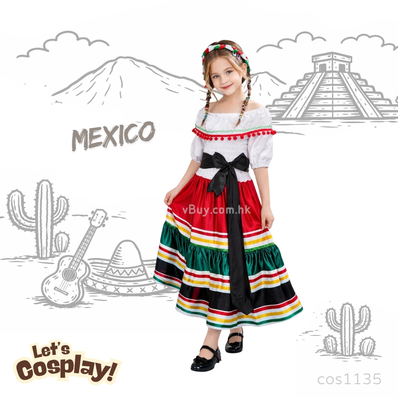 Lets Cosplay 兒童墨西哥民族服裝 Mexican Costume 國家文化服裝 兒童民族服裝 童話故事角色扮演服裝 歡迎學校訂購（cos1135）充滿異國風情的墨西哥民族服裝設計，以紅白綠經典配色展現文化特色，配搭層次裙擺及蝴蝶結腰帶，小朋友穿上即變身可愛文化小代表，適合學校國際日及表演活動。• Mexican costume 經典民族風設計• 紅白綠配色鮮明吸睛• 層次裙擺設計，舞台效果佳• 舒適布料，活動自在• 適合表演、拍照及文化活動適合場合：• 國家文化服裝 National costume• 世界文化日 / 國際日• 童話故事角色扮演服裝• 學校表演 / 舞台演出• 萬聖節服裝 Halloween costume• 主題派對產品資料：• 類型：角色扮演服裝• 主題：墨西哥民族 Mexican• 對象：兒童落單須知：尺碼：多碼可選（請查詢）歡迎團體訂，購價錢另議注意事項：• 建議手洗出貨 3至7天內, 如急用請先whatsapp通知查詢以幫閣下安排#mexican costume kids #national costume kids #kids cosplay costume #world culture costume #兒童民族服裝 #墨西哥服裝Meta Title兒童墨西哥民族服裝 Mexican CostumeMeta Description兒童墨西哥民族服裝，紅白綠經典配色配層次裙擺設計，適合學校國際日、表演及萬聖節穿著，造型吸睛舒適，歡迎團體訂購。