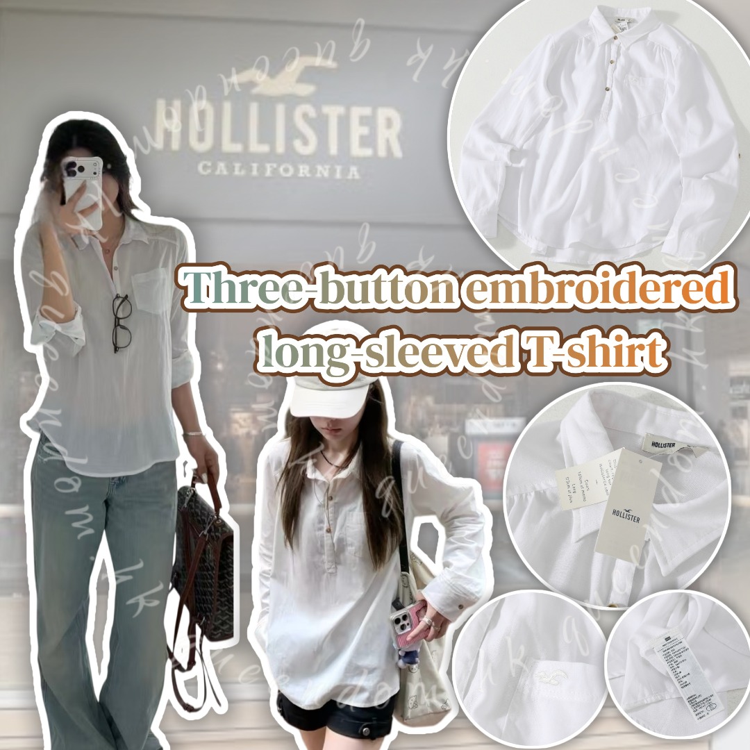 韓國 Hollister Three-button embroidered long-sleeved T-shirt 三粒扣刺繡長袖恤衫