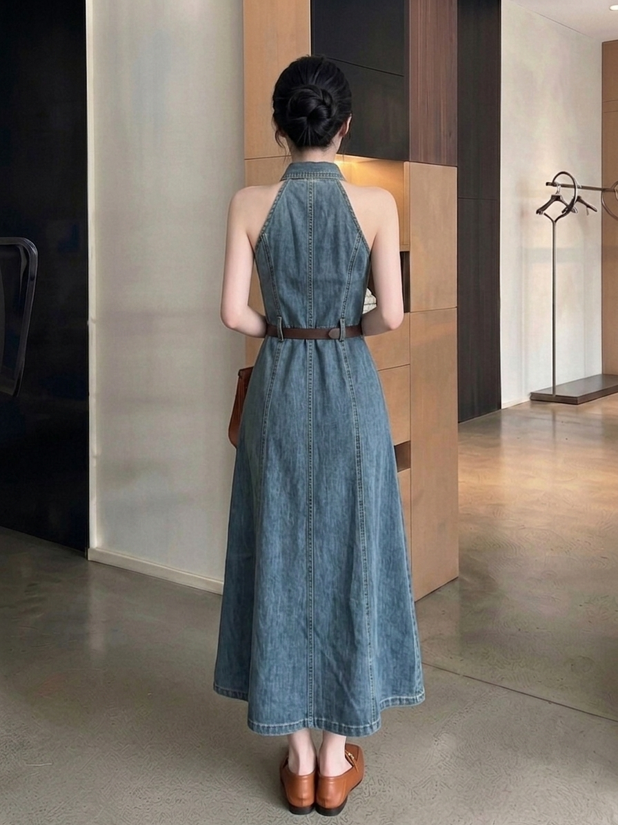 Halter Denim Midi Dress M237