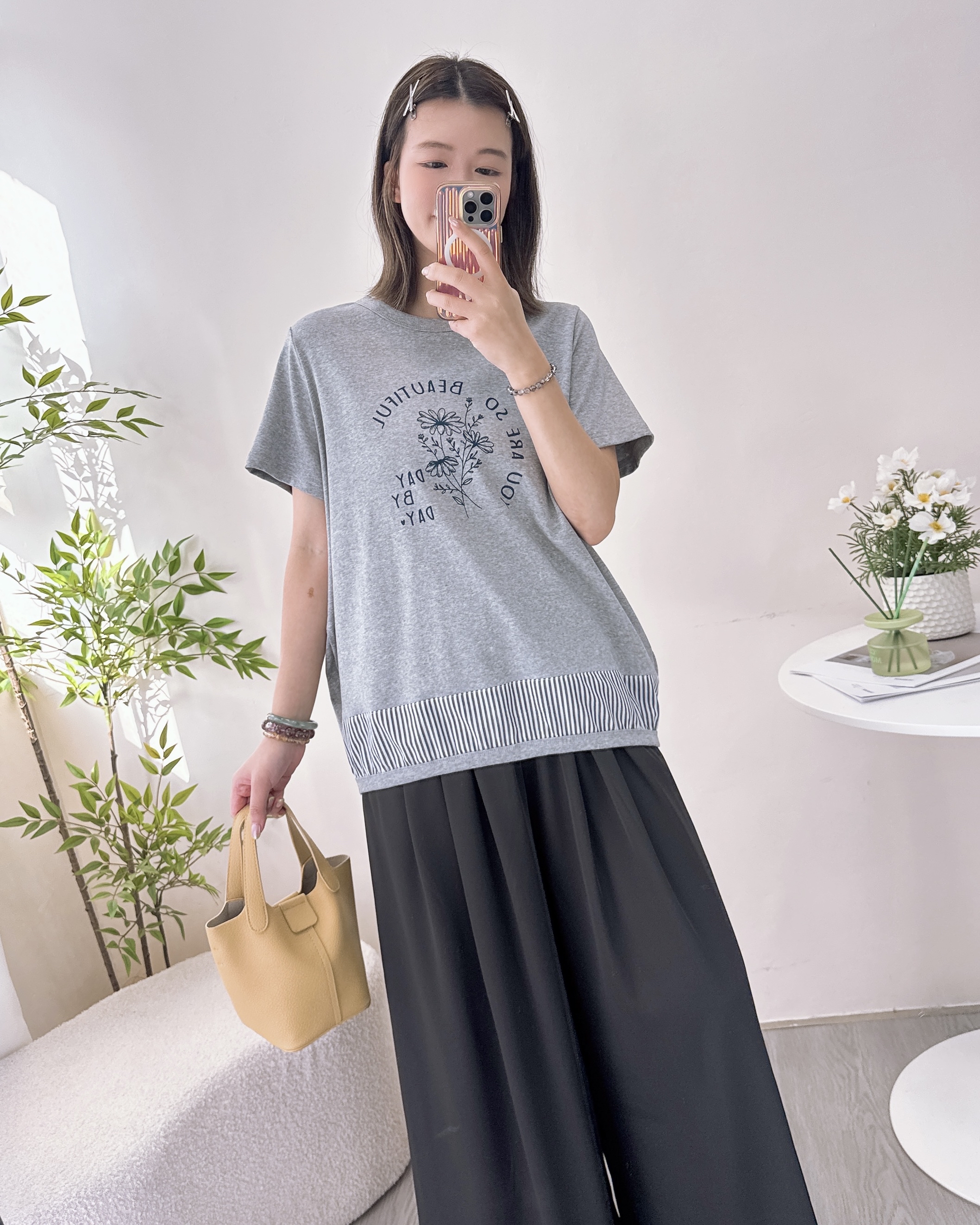 柔軟彈性純棉拼條子上衣 3色