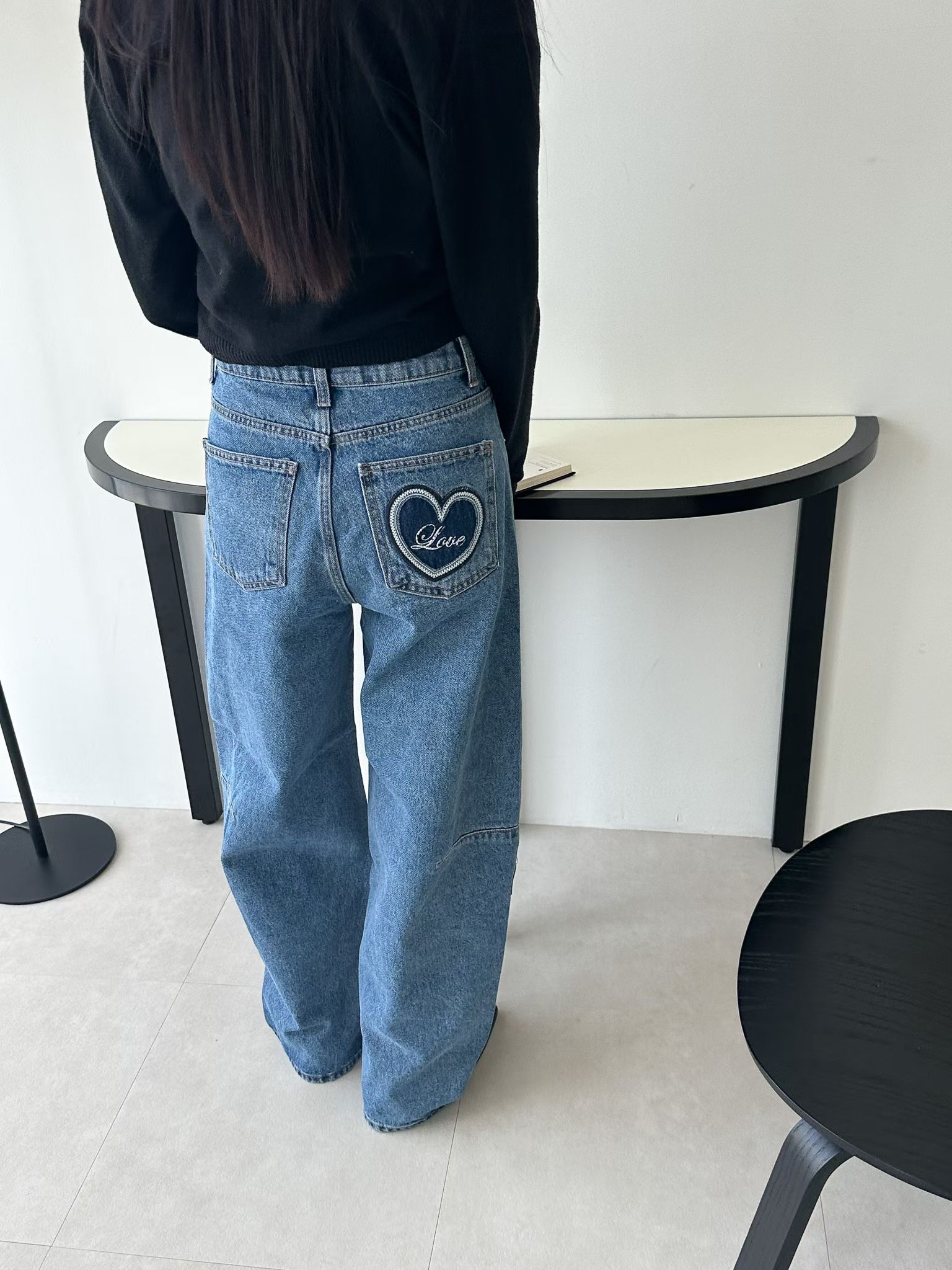 心心刺繡牛仔褲