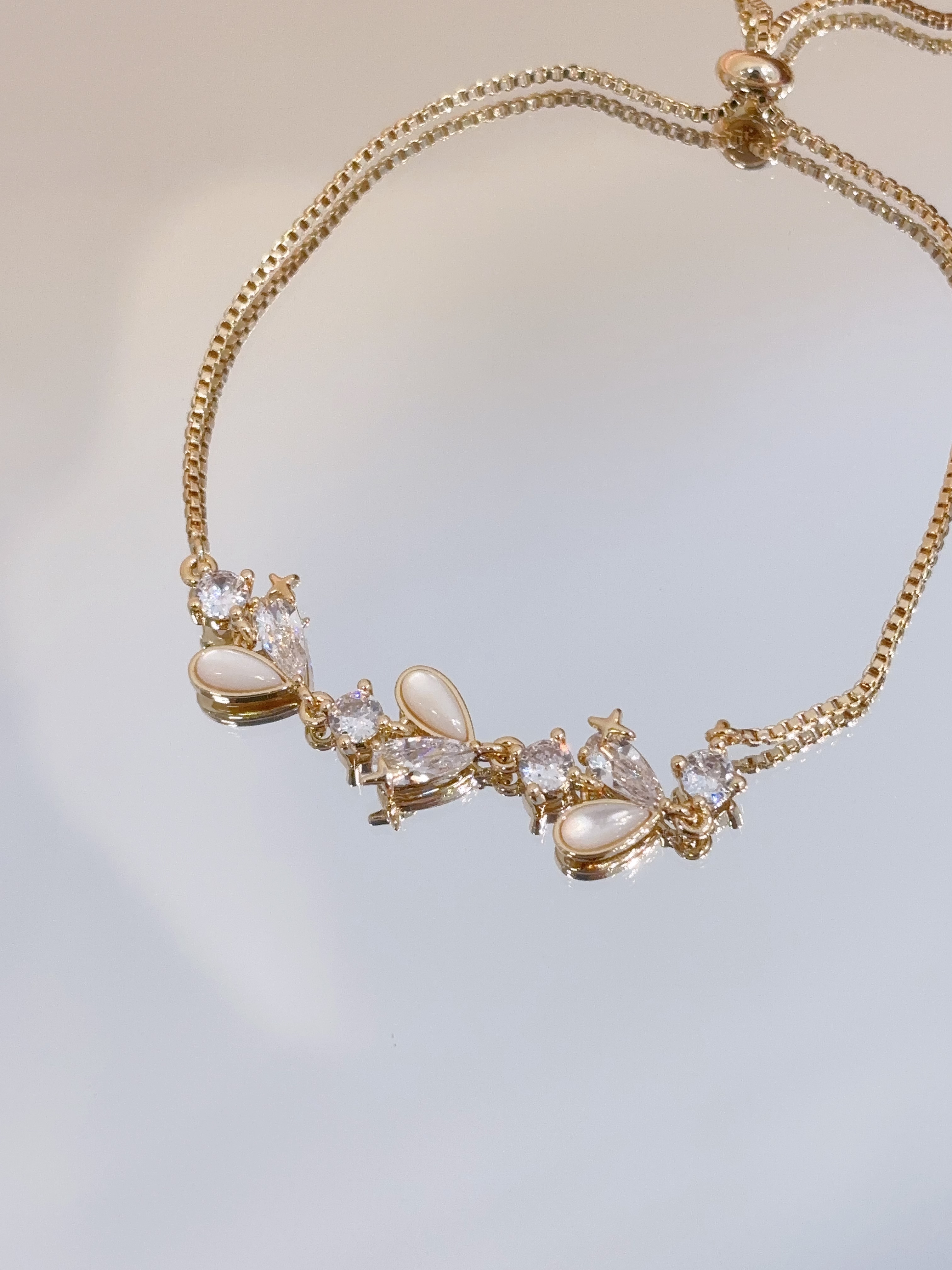 猫眼×钻石叶子形抽绳手链