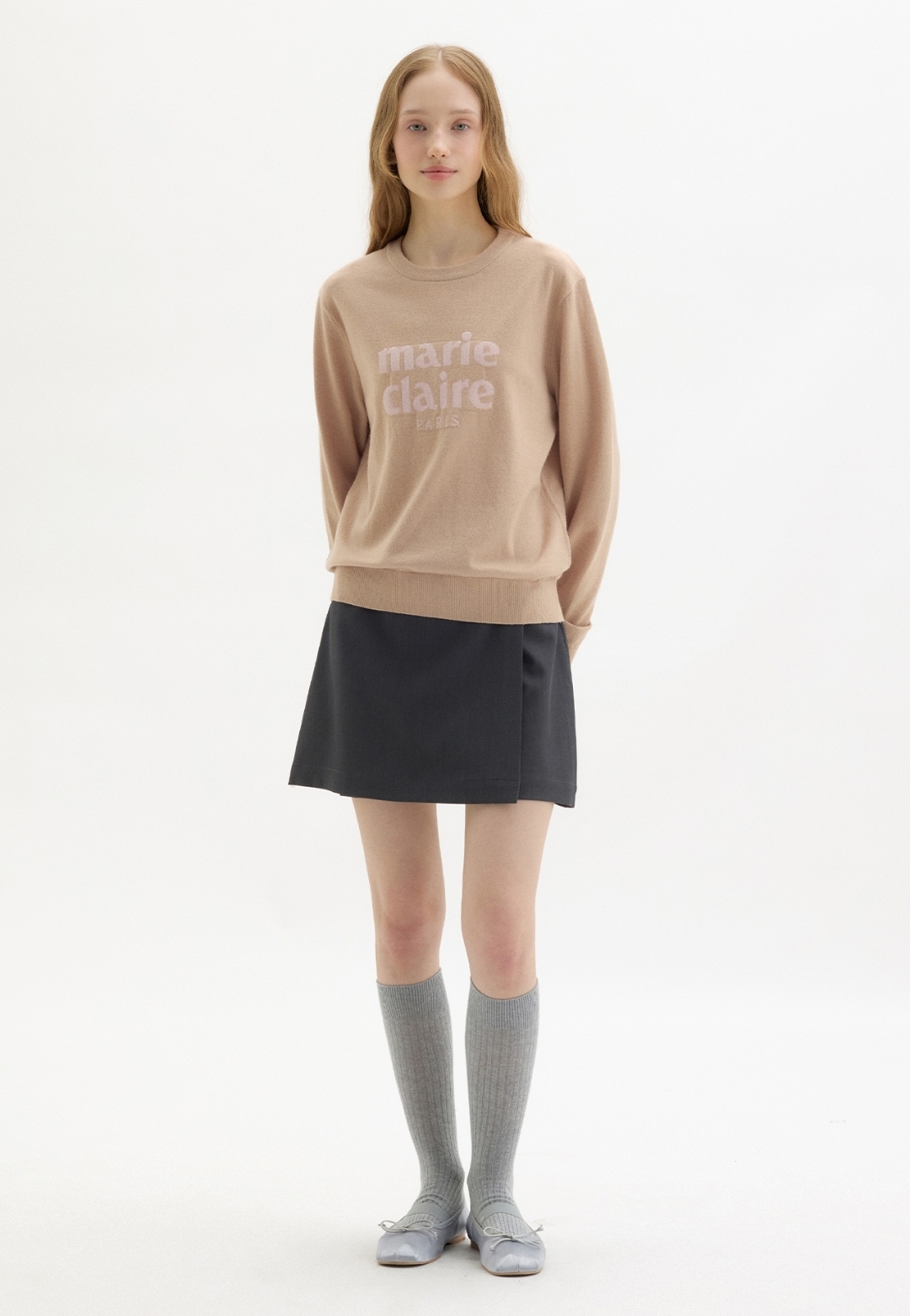 Marie Claire Essential Logo Jacquard Wool Round Knit 
