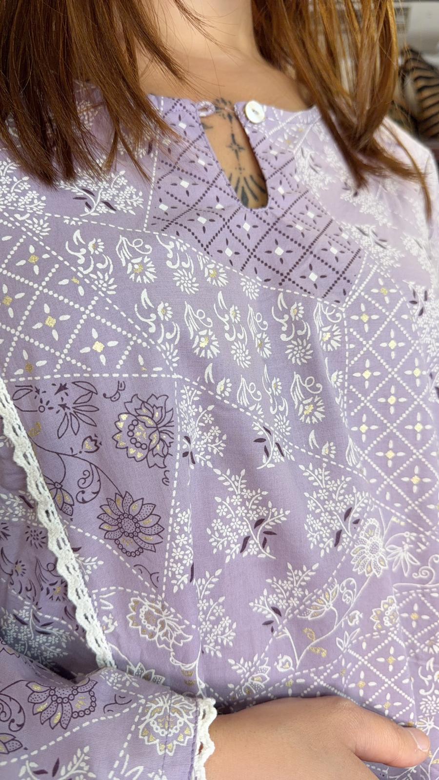 3576 Taro Cotton With white Lace Kurta