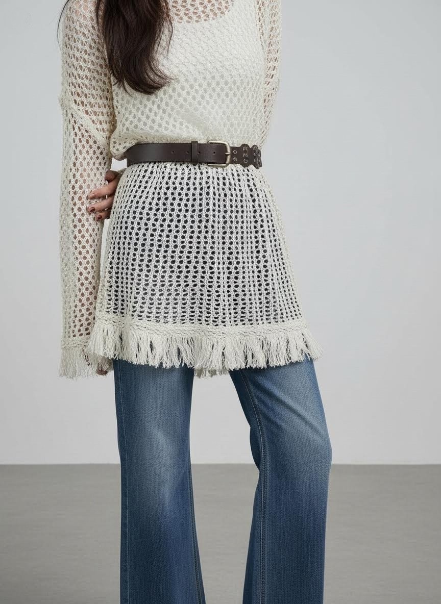 米白色鏤空流蘇針織上衣