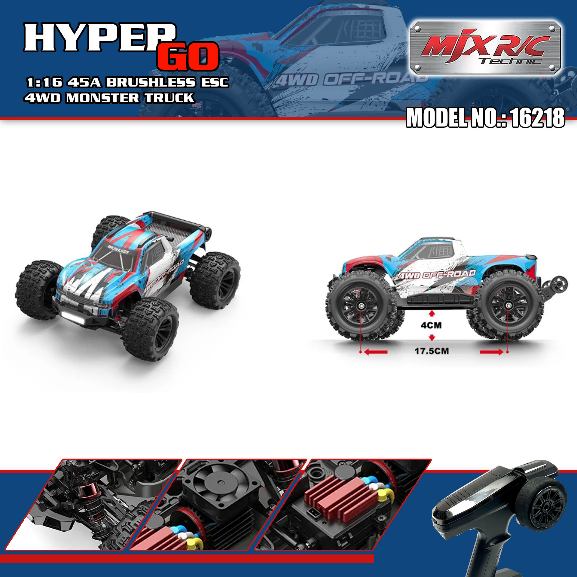 全新 美嘉欣 MJX R/C 1:16 16218 無刷大腳車 | 防翻尾輪 | 金屬齒輪 | 油壓避震 | 可用2s-3s電 | 最高速約60KM/H