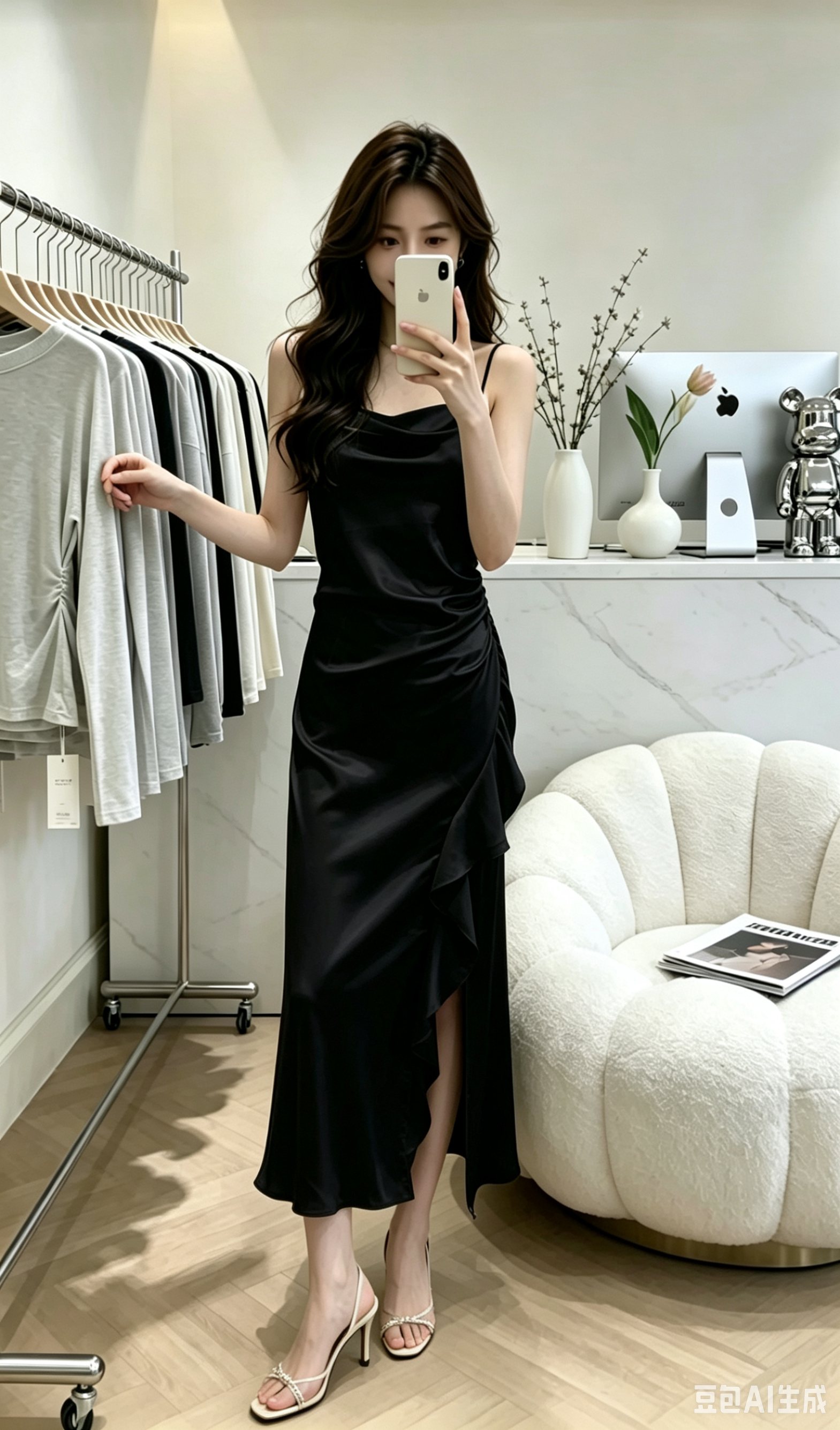 4442 Silk Ruffle 荡领荷叶边缎面吊带裙 