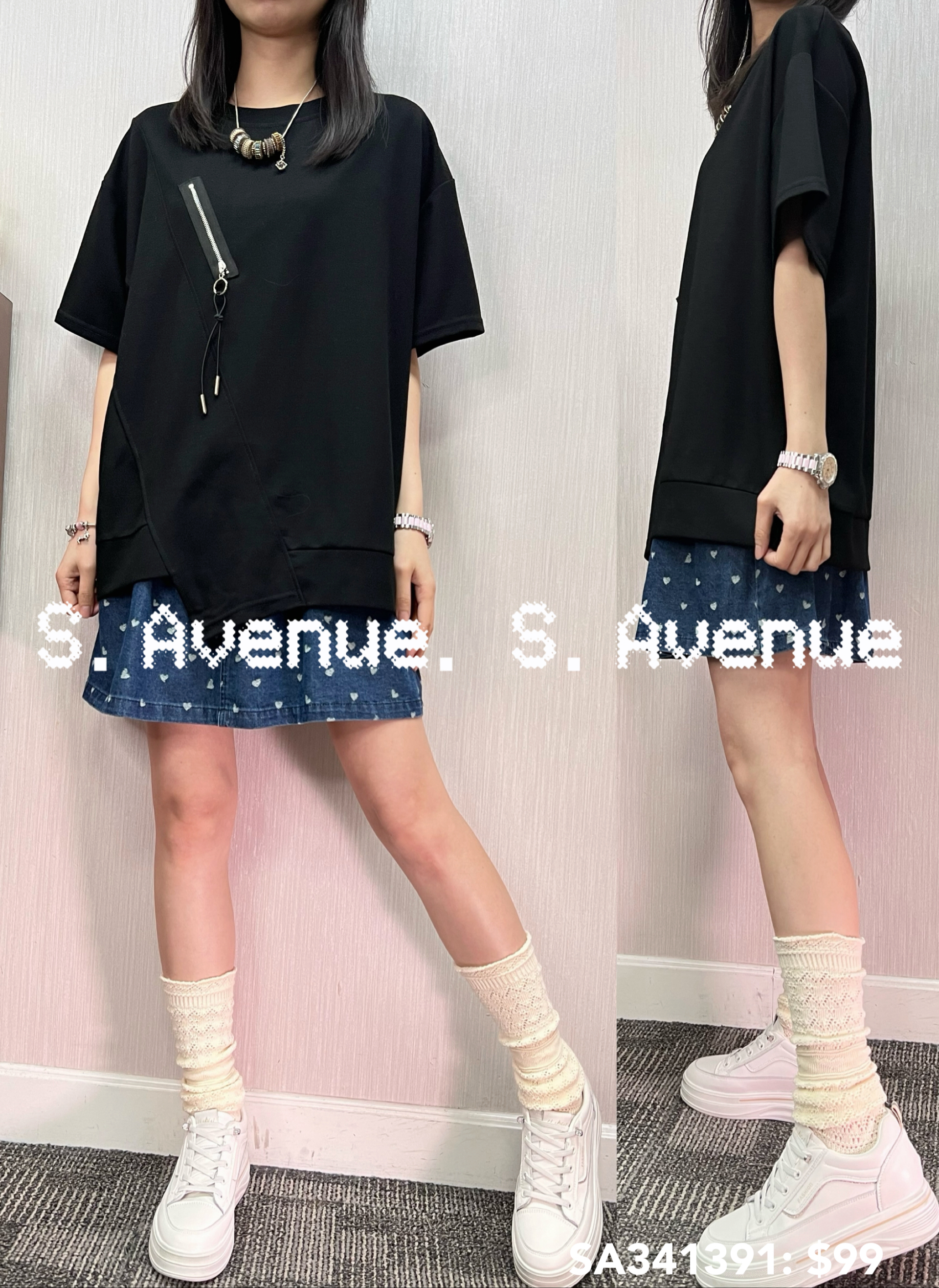 SA341391: 短袖前拉錬不規則腳鬆身tee